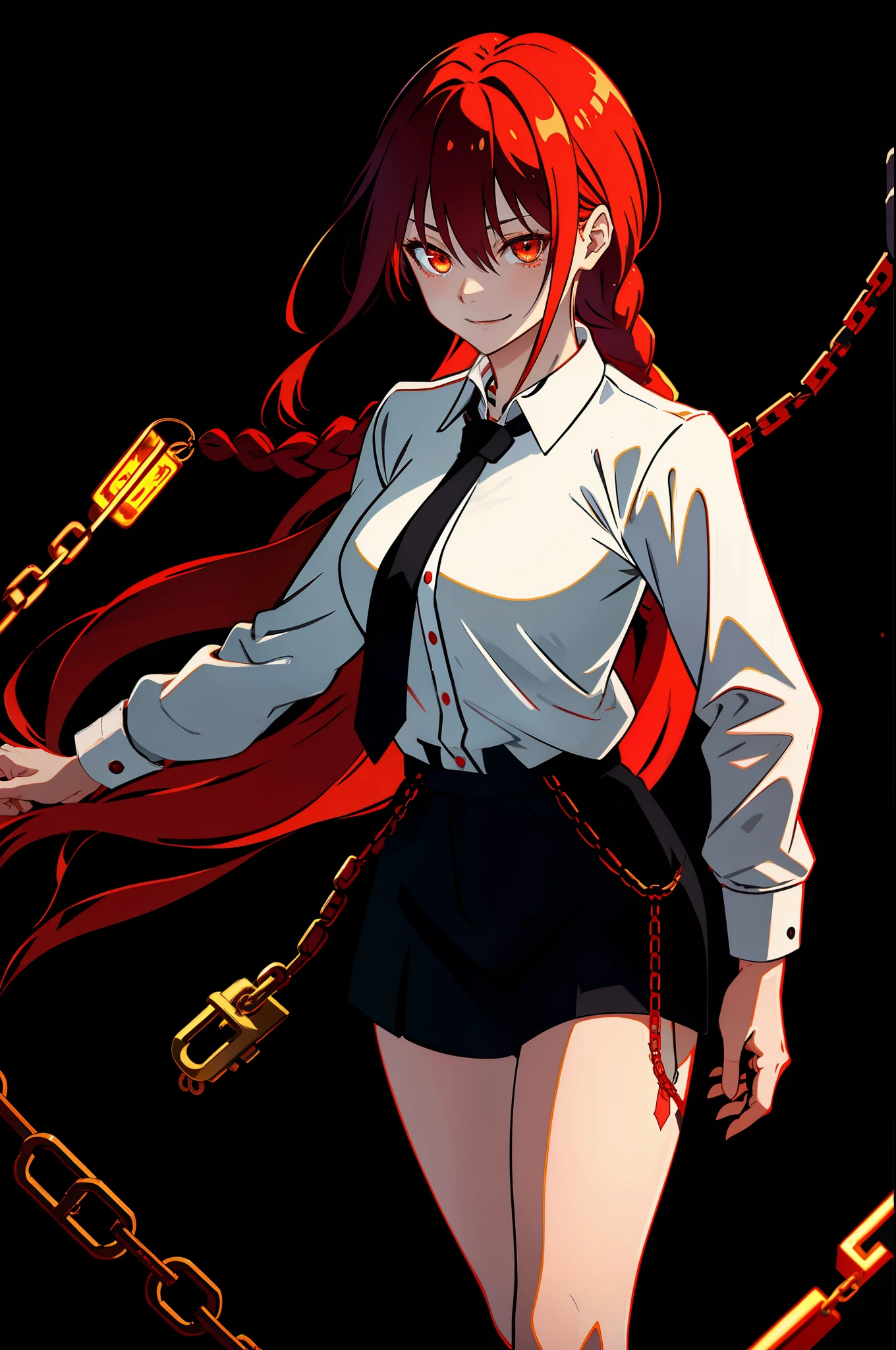 makima, best quality, ultra detailed, 1girl, solo, standing, red hair, long braided hair, golden eyes, bangs, medium breasts, white shirt, necktie, stare, smile, (evil:1.2), looking at viewer, (interview:1.3), (dark background, chains:1.3),