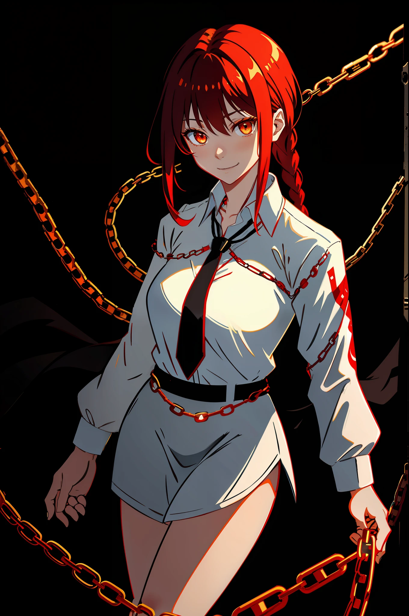 makima, best quality, ultra detailed, 1girl, solo, standing, red hair, long braided hair, golden eyes, bangs, medium breasts, white shirt, necktie, stare, smile, (evil:1.2), looking at viewer, (interview:1.3), (dark background, chains:1.3),