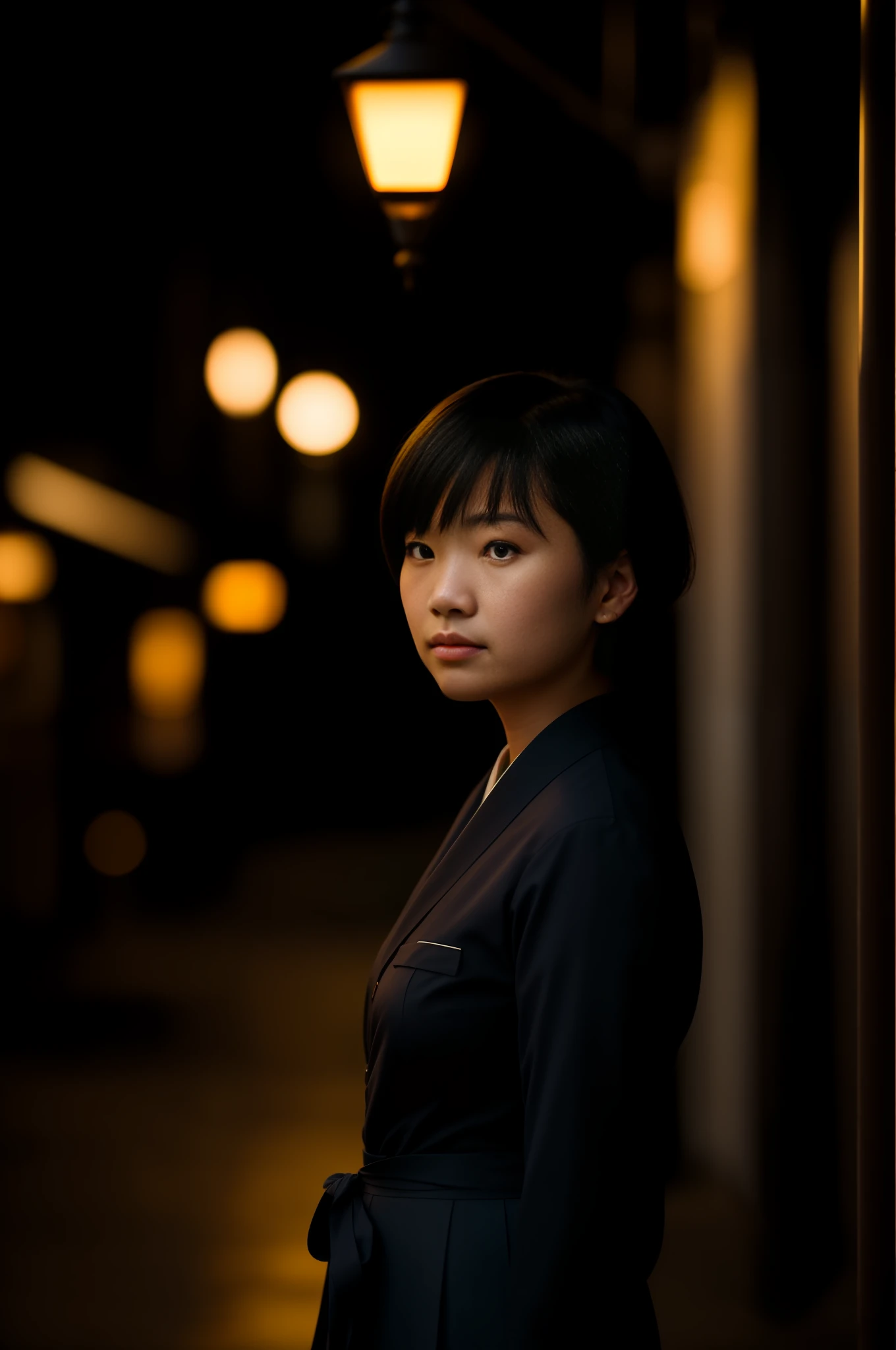 closeup of portrait,closeup photo of a Japanese woman wearing a school uniform, short black hair, standing on the bustling street at night, street lamps, 4k textures, soft cinematic light, adobe lightroom, photolab, hdr, intricate, highly detailed, ray traced, photorealistic, fine details, subsurface scattering, key light, backlight, sharp focus, soothing tones, low contrast, exposure blend