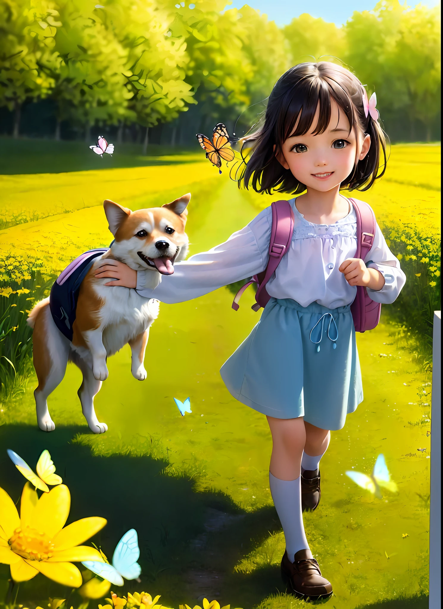 (best quality, masterpiece, cartoon style, high resolution 4k wallpaper), a charming with a backpack and her cute dog are enjoying a lovely spring outing in the beautiful yellow flowers and scenic nature. The illustration features highly detailed facial features and a dancing butterfly.