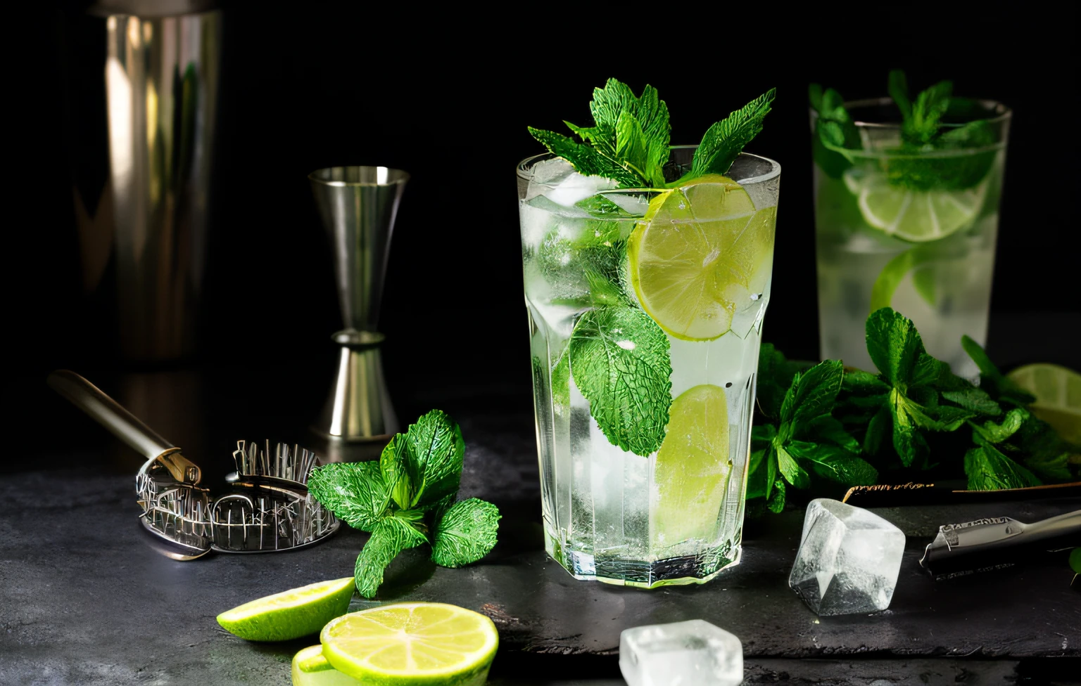 there is a glass of water with lime and mint leaves, mixing drinks, drinking cocktail, on a dark background, sparkling water, cold drinks, shiny and sparkling, cocktail in an engraved glass, with a drink, outstanding detail, fine background proportionate, istock, glass with rum, lime, on black background, sparkling spirits