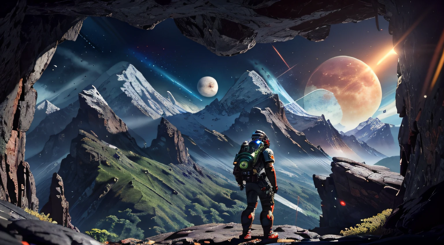 (35mmstyle: 1.2), highly detailed RAW color photo, rear angle, full body, of (male space marine, with white and red spacesuit, futuristic helmet, canned face shield, rebreather, accented booty), outdoor, (standing on the precipice of the high rocky mountain, looking at the lush magical green rainforest on an alien planet), vivid details, (exotic alien planet), toned body, big butt, (science fiction), (mountains: 1.1), (lush green vegetation), (two moons in the sky: 0.8),(one lava planet: 0.9), (very detailed, hyperdetailed, intricate), (lens flare: 0.7), (bloom: 0.7), particle effects, ray tracing, cinematic lighting, shallow depth of field, photographed on a Sony a9 II, 35mm wide-angle lens, sharp focus, Gravity 2013 cinematic film, seen from behind, dynamic angle