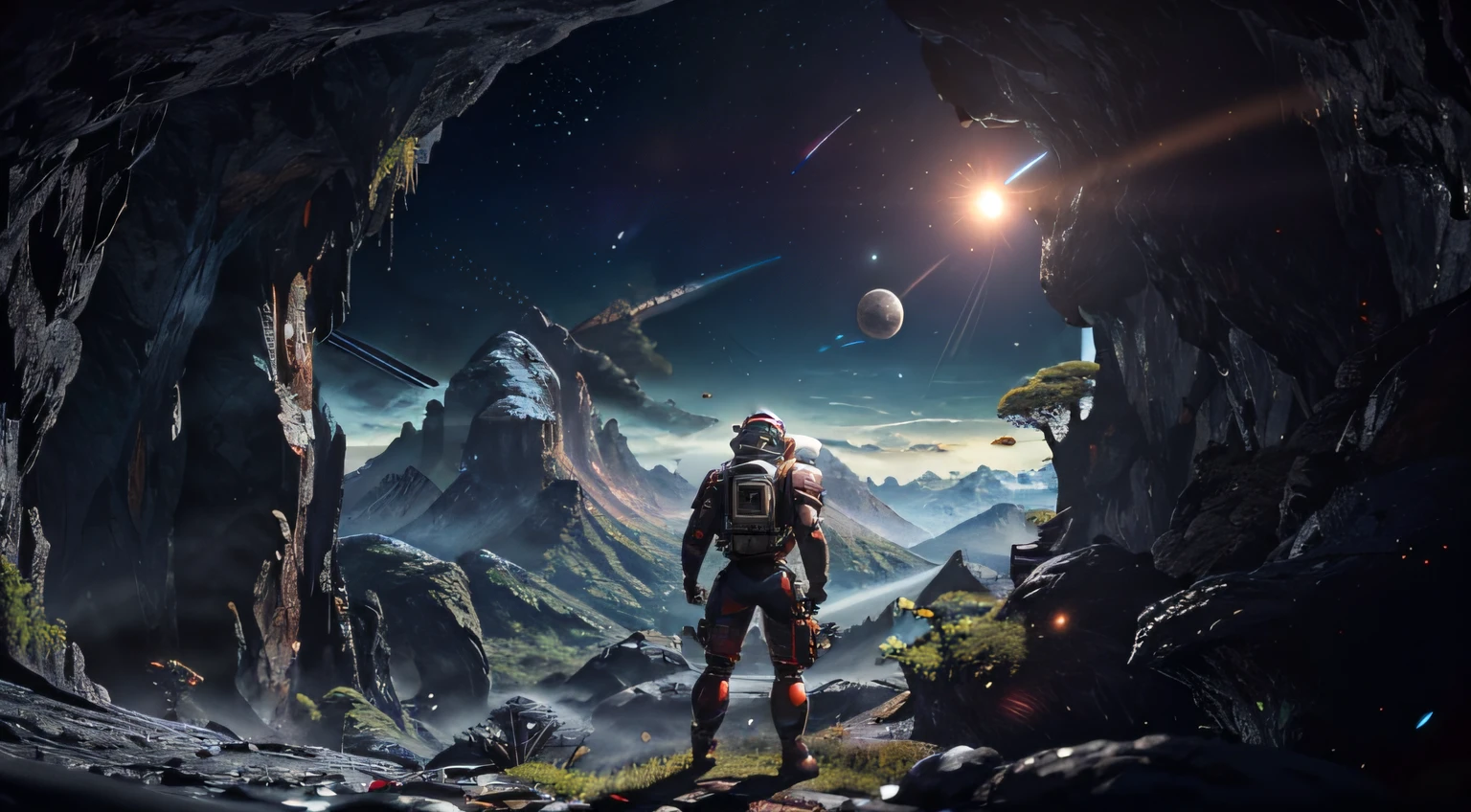 (35mmstyle: 1.2), highly detailed RAW color photo, rear angle, full body, of (male space marine, with white and red spacesuit, futuristic helmet, canned face shield, rebreather, accented booty), outdoor, (standing on the precipice of the high rocky mountain, looking at the lush magical green rainforest on an alien planet), vivid details,  (exotic alien planet), toned body, big butt, (science fiction), (mountains: 1.1), (lush green vegetation), (two moons in the sky: 0.8),(one lava planet: 0.9), (very detailed, hyperdetailed, intricate), (lens flare: 0.7), (bloom: 0.7), particle effects, ray tracing, cinematic lighting, shallow depth of field, photographed on a Sony a9 II, 35mm wide-angle lens,  sharp focus, Gravity 2013 cinematic film, seen from behind, dynamic angle