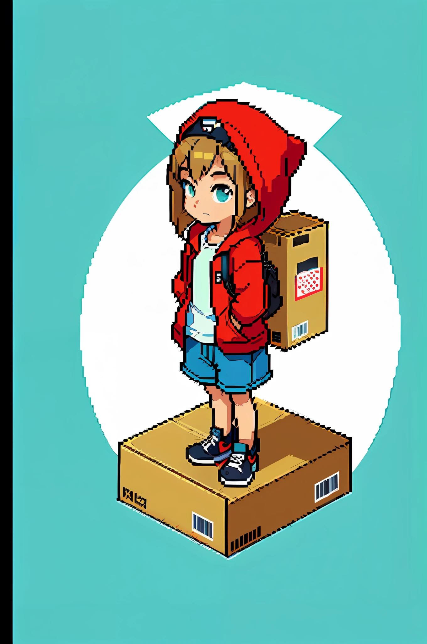 Delibery girl, packing boxes, box, box backpack, jeans, red hoodie, (box clothes), (masterpiece, top quality, best quality), pixel,pixel art,1girl,full body,