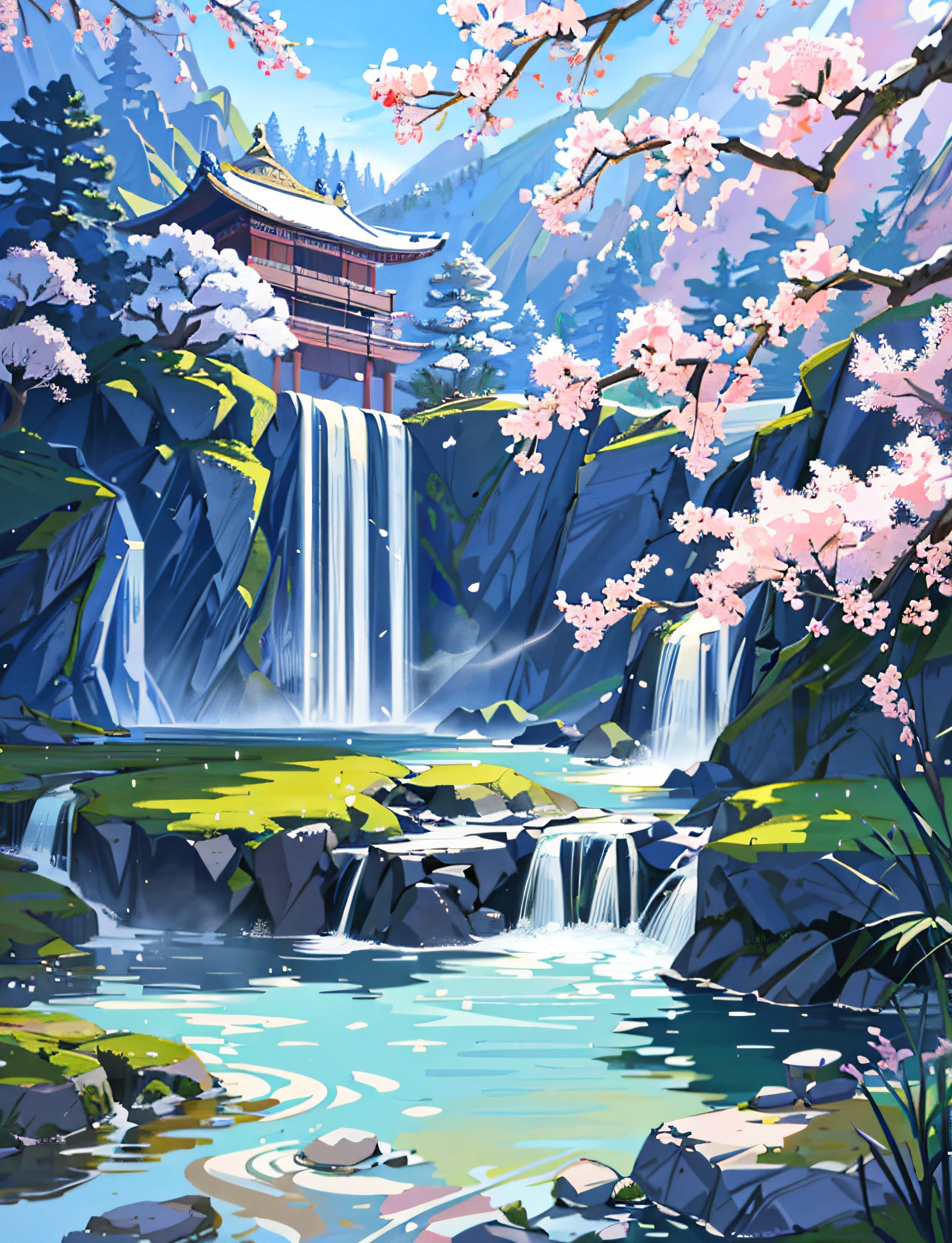 Ancient Chinese architecture, winter, plum blossoms, bamboo, lake, stone bridge, rockery, arch, corner, tree, tap water, landscape, waterfall, meadow, rock, water lily, hot springs, water vapor, (illustration: 1.0), epic composition, realistic lighting, high-definition details, masterpiece, best quality, (very detailed CG unified 8k wallpaper)