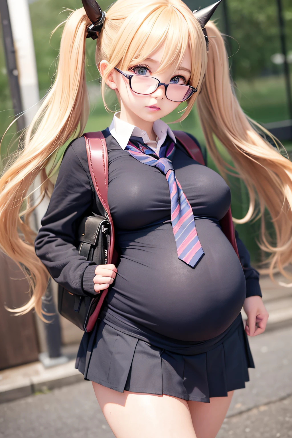 akizuki airi. oni chichi, masterpiece, best quality, super detailed, illustration, flat color, depth of field,
1 girl, young, anime, running, full-length, blonde, twintails, looking at the viewer, red pleated miniskirt, wet white button-down shirt, school uniform, serafuku, blue tie, no bra, black tights, small backpack, detailed leather texture, detailed fabric texture, beautiful detailed face, big breasts, blue eyes, pregnant, tired, pink panties, glasses
