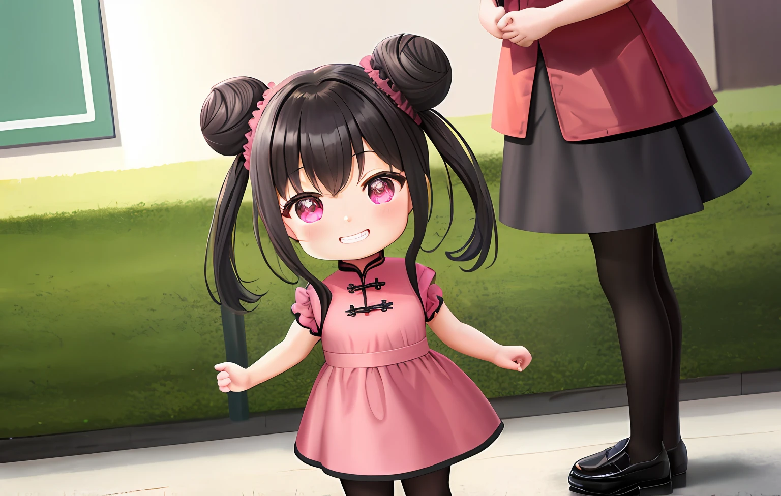 , toddler, double bun, pink dress, chinese dress, black pantyhose, eyes open, round little face, smile, gritted teeth, black hair, no background, no scene, standing,