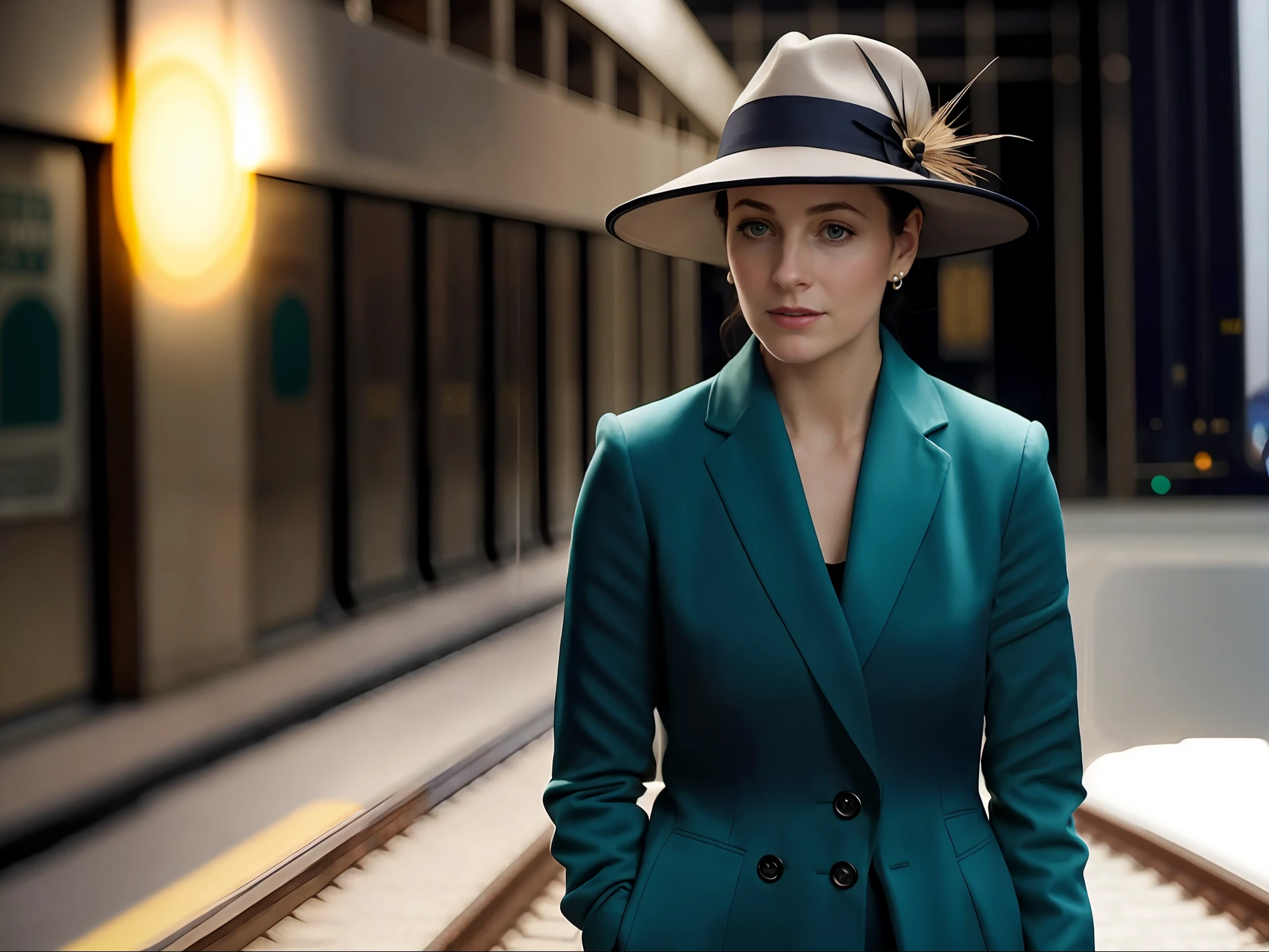 there is a woman in a hat and suit standing in a train station, still image from tv series, portrait shot, teal suit, full color still, woman is in a trenchcoat, promotional still, elegant lady, movie still 8 k, screenshot from a movie, mid shot portrait, still from the movie, poster shot, anna nikonova