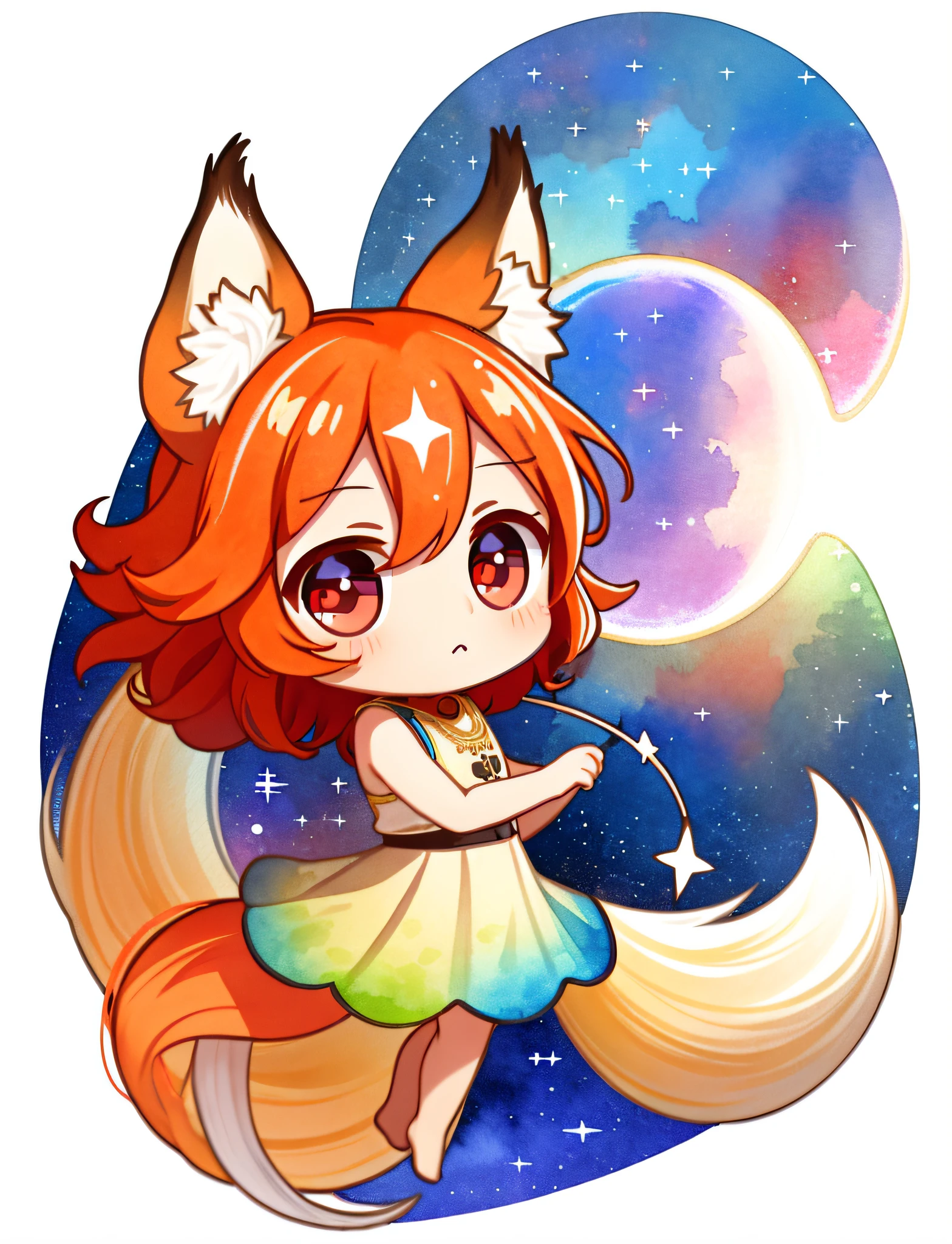 (white background:1.5), (chibi:1.5), (isometric:1.1), mid shot, full body,
(hyper extreme detailed,masterpiece,best quality:1.2),(watercolor:1.1),dynamic angle,floating,beautiful detailed glow, sfw,white long hair and fox ears,red eyes,bangs,parted bangs,eyes visible through hair,sidelocks,hair intakes,small breasts,veil,bare shoulders,navel,starry sky,desert,floating sand flow,colorful bubble