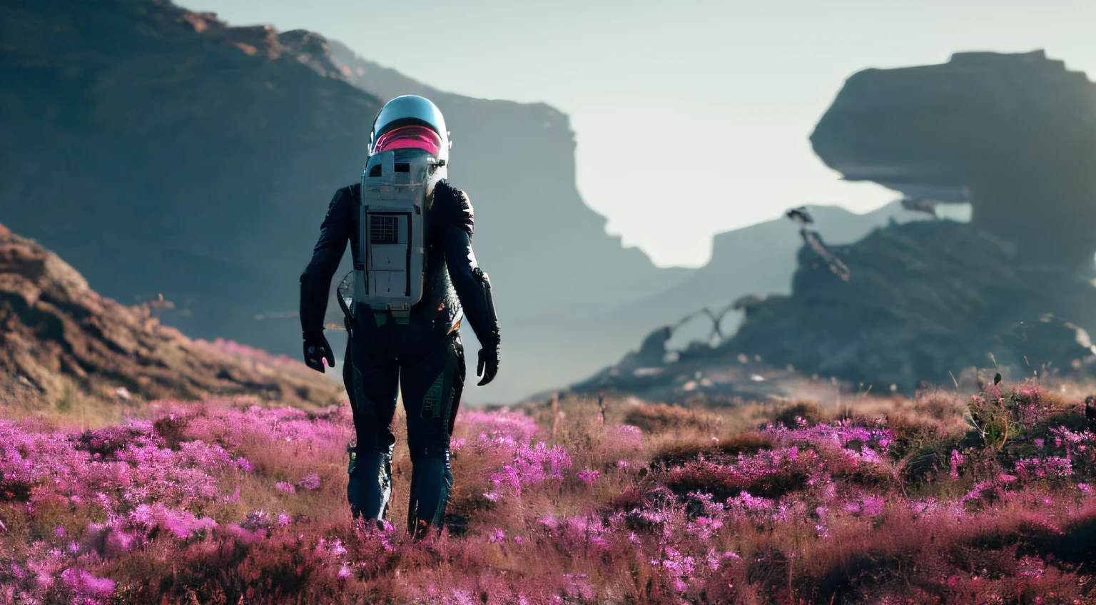 a photo of death stranding scenery, scifi style,anatomically correct human male figure in astronaut suit in field,helmet glowing pink, dynamic lighting, atmosphere lighting, hyper detail features, ray tracing, high flare, 3D, cinematic lighting, dark shadows, unrealistic Engine 5 rendering, hyper detail,trending on artstation, 4k,extremely high details, ultra hd, hdr, 8k, extremely high details