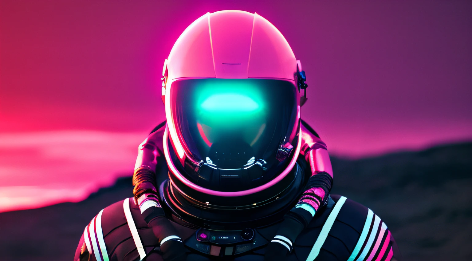 a photo of death stranding scenery, scifi style,anatomically correct human male figure in astronaut suit in field,helmet glowing pink, dynamic lighting, atmosphere lighting, hyper detail features, ray tracing, high flare, 3D, cinematic lighting, dark shadows, unrealistic Engine 5 rendering, hyper detail,trending on artstation, 4k,extremely high details, ultra hd, hdr, 8k, extremely high details