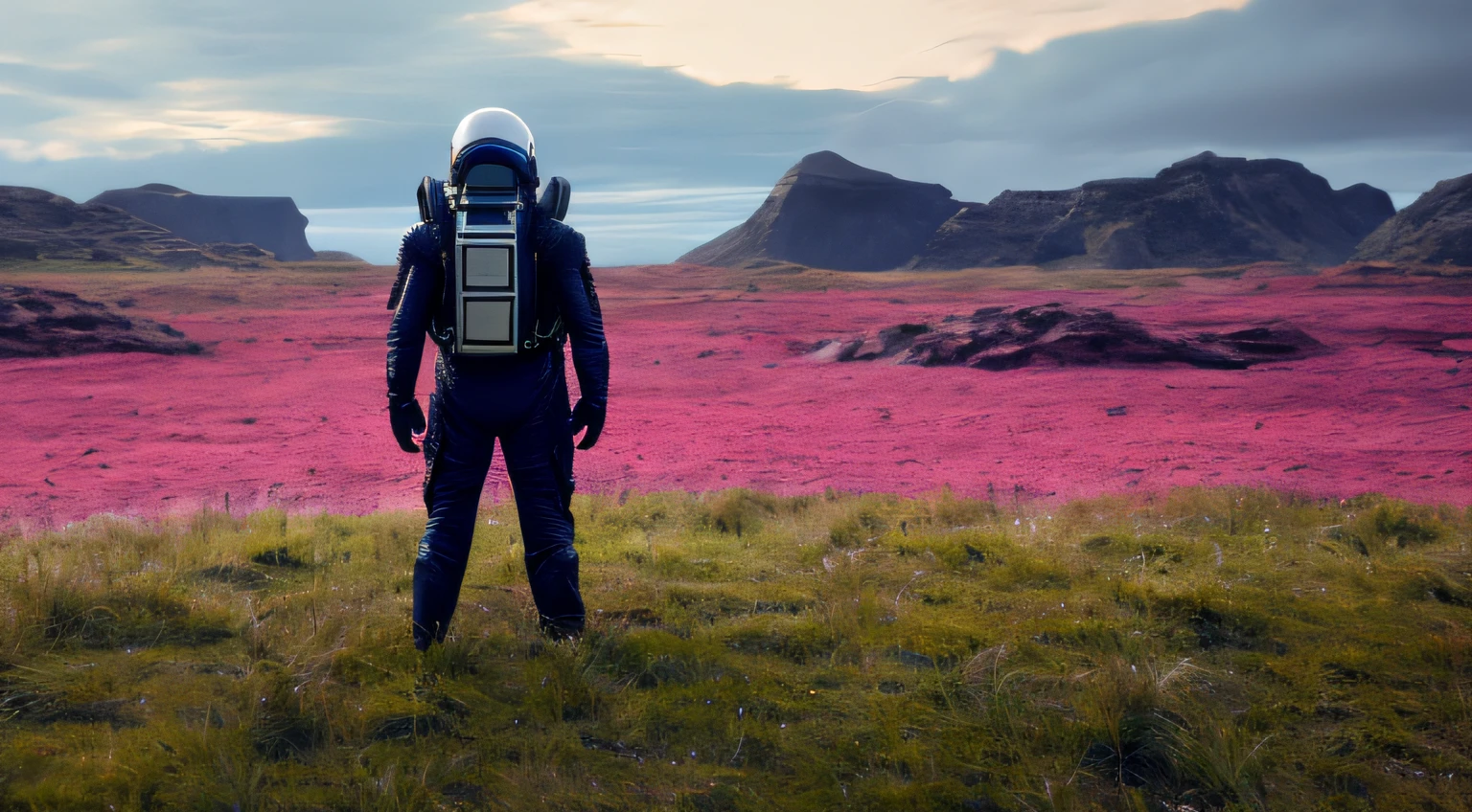 a photo of death stranding scenery, scifi style,anatomically correct human male figure in astronaut suit in field,helmet glowing pink, dynamic lighting, atmosphere lighting, hyper detail features, ray tracing, high flare, 3D, cinematic lighting, dark shadows, unrealistic Engine 5 rendering, hyper detail,trending on artstation, 4k,extremely high details, ultra hd, hdr, 8k, extremely high details