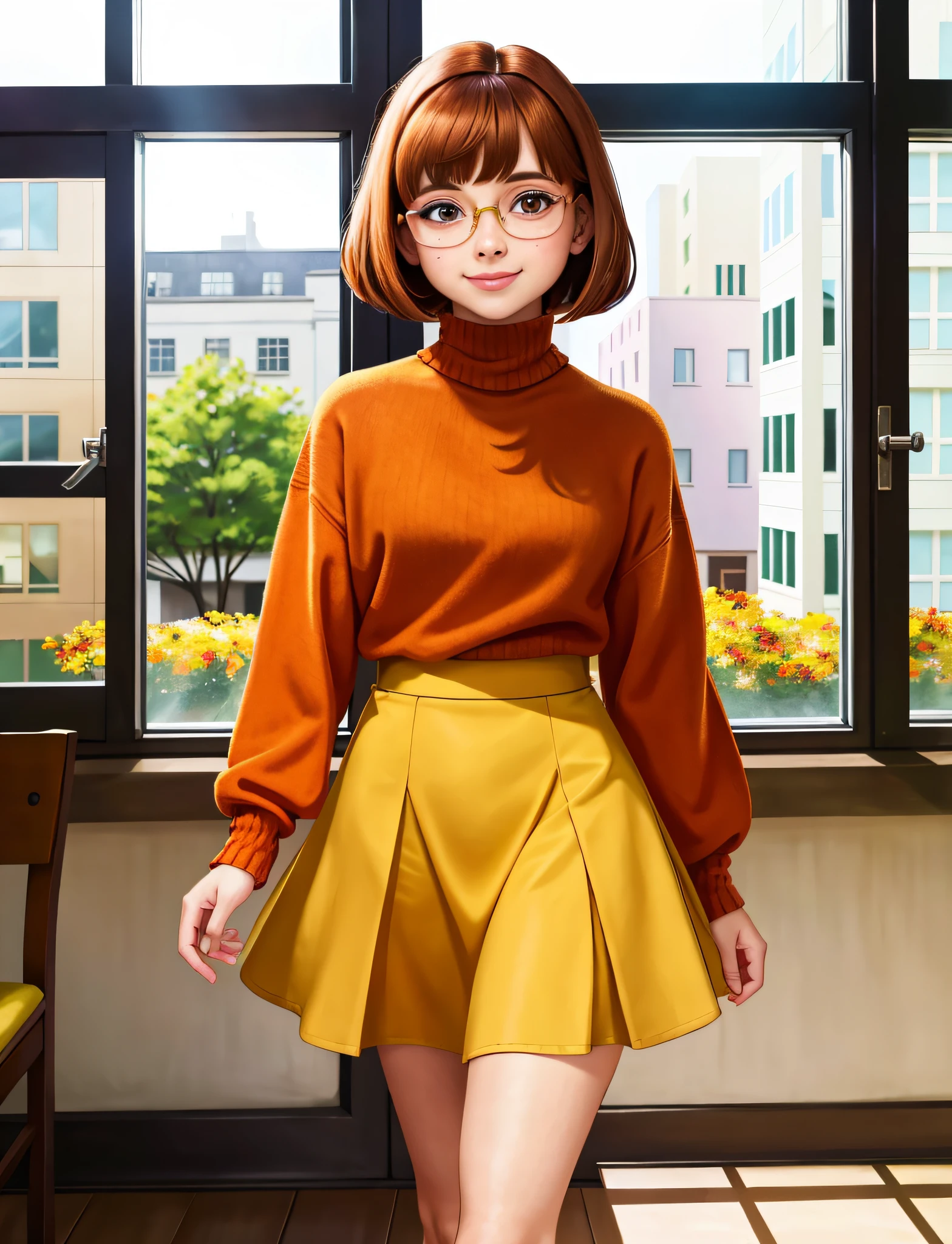 (AS-Younger) velma dace dinkley, brown skirt (mary jane shoes) 1girl brown_eyes, brown_hair, freckles, glasses looking_at_viewer, nose, orange_shirt, orange_sweater, short_hair, smile, sweater, turtleneck, turtleneck_sweater, walking sidewalk residential neighborhood (masterpiece:1.2) bright morning light coming through window (photorealistic:1.2) (bokeh) (best quality) (detailed skin:1.3) (intricate details) (8k) (cinematic lighting) (sharp focus)