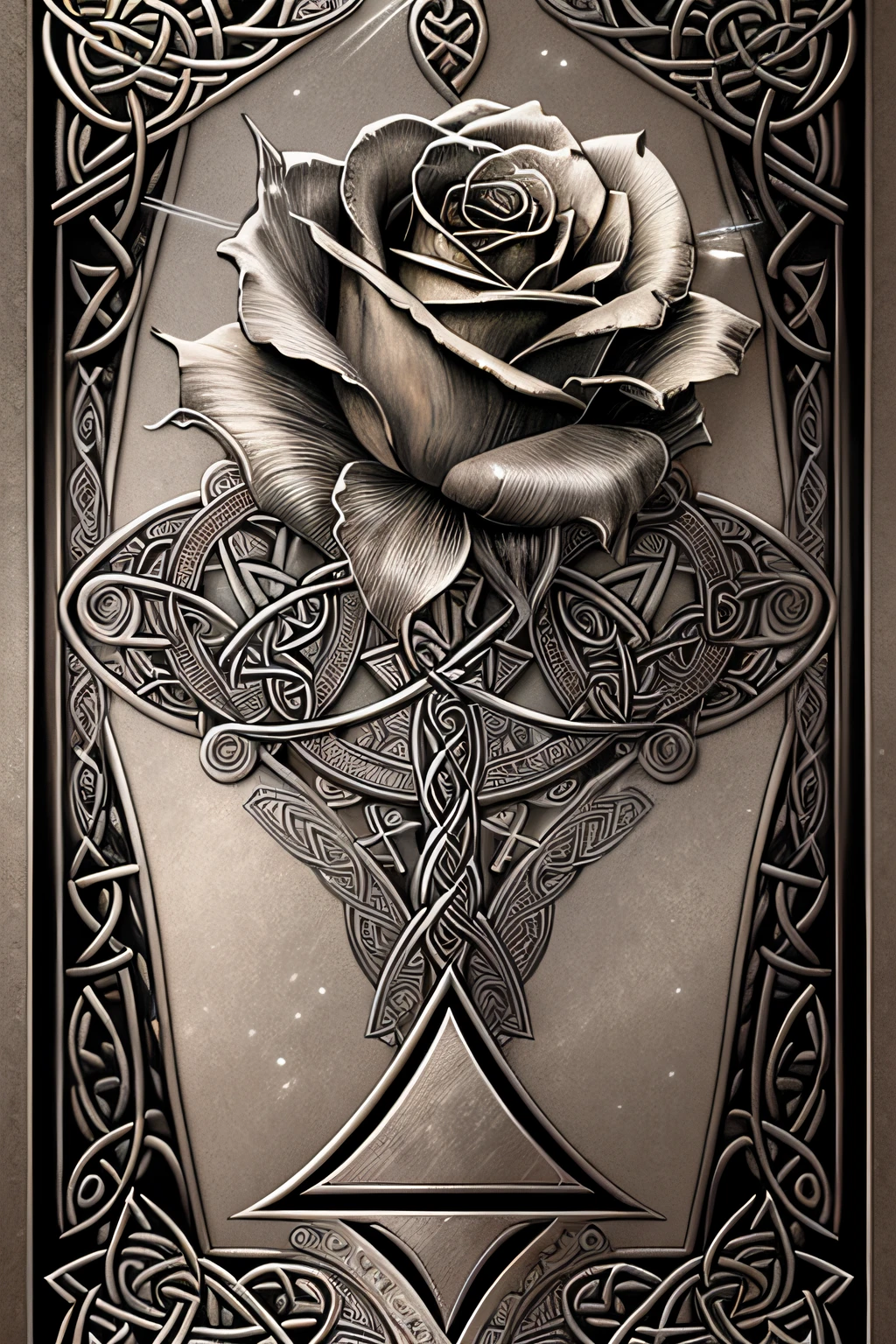 realistic, (best quality, masterpiece:1.3), abstract silver rose, tarot card, linework, light particles, gothic, celtic, letter K --auto --s2
