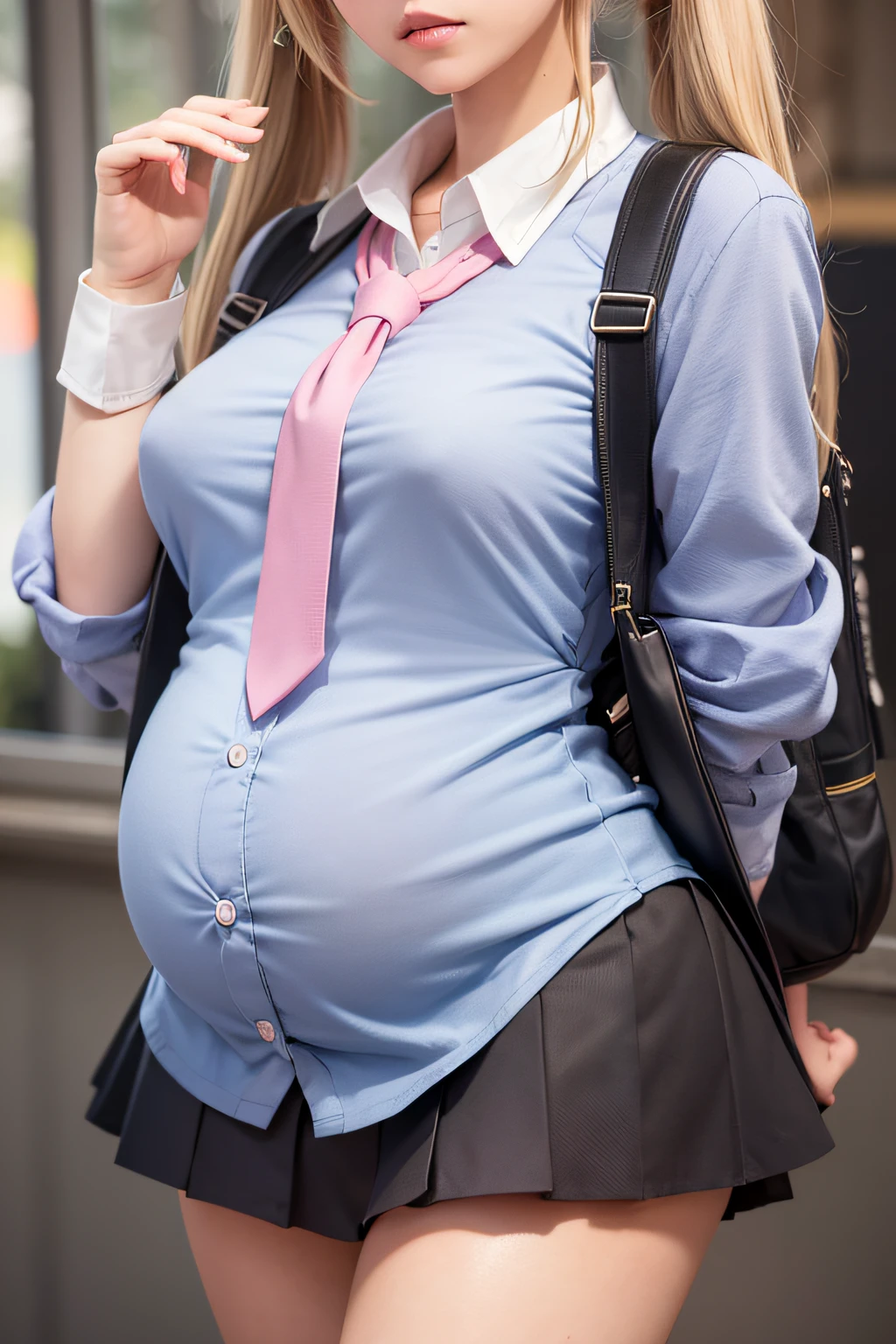 akizuki airi. oni chichi, masterpiece, best quality, super detailed, illustration, flat color, depth of field, 

1 girl, young, anime, walking, full-length, blonde, twintails, looking at the viewer, red pleated miniskirt, wet white button-down shirt, school uniform, serafuku, blue tie, no bra, black tights, small backpack, detailed skin texture, detailed fabric texture, beautiful detailed face, big breasts, blue eyes, pregnant, tired, pink panties, glasses