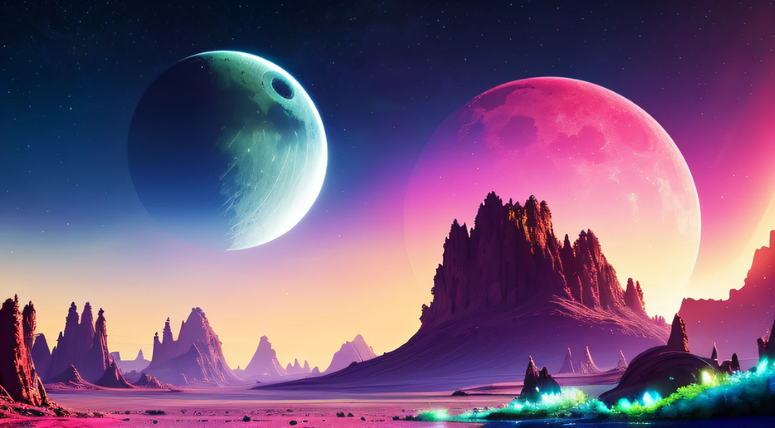 A lush alien landscape on a ringed planet with a moon in the sky, vivid colorful clouds, strange, sci-fi, ray tracing, detailed reflections, Intricate, High Detail, dramatic, best quality masterpiece, photorealistic, detailed, 8k, HDR, backlighting, bloom, light sparkles, chromatic aberration, sharp focus