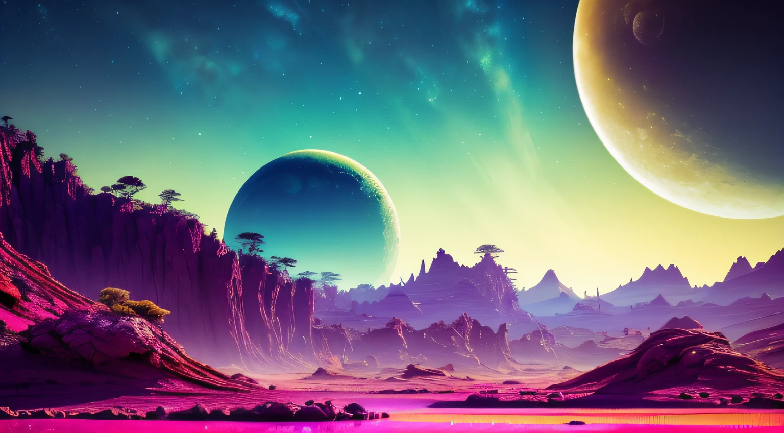 A lush alien landscape on a ringed planet with a moon in the sky, vivid colorful clouds, strange, sci-fi, ray tracing, detailed reflections, Intricate, High Detail, dramatic, best quality masterpiece, photorealistic, detailed, 8k, HDR, backlighting, bloom, light sparkles, chromatic aberration, sharp focus