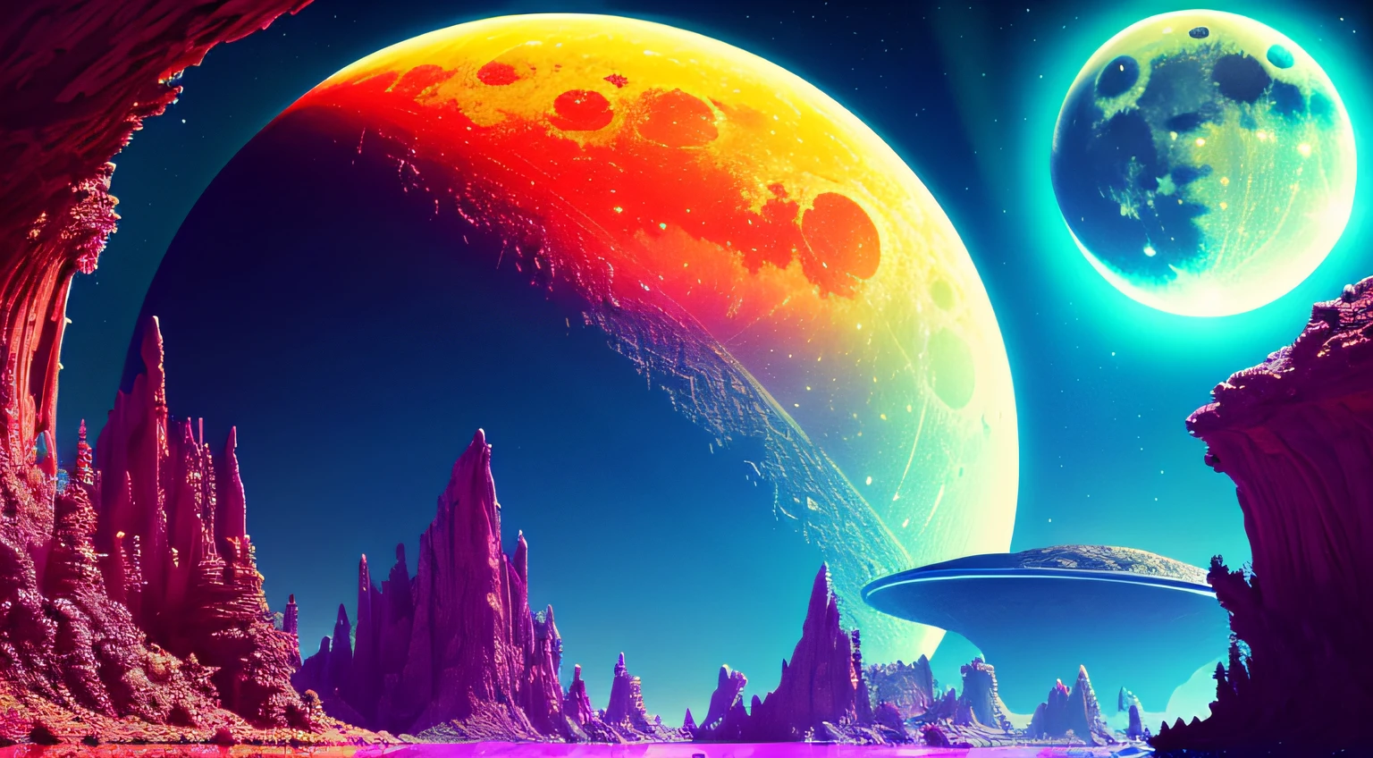 A lush alien landscape on a ringed planet with a moon in the sky, vivid colorful clouds, strange, sci-fi, ray tracing, detailed reflections, Intricate, High Detail, dramatic, best quality masterpiece, photorealistic, detailed, 8k, HDR, backlighting, bloom, light sparkles, chromatic aberration, sharp focus