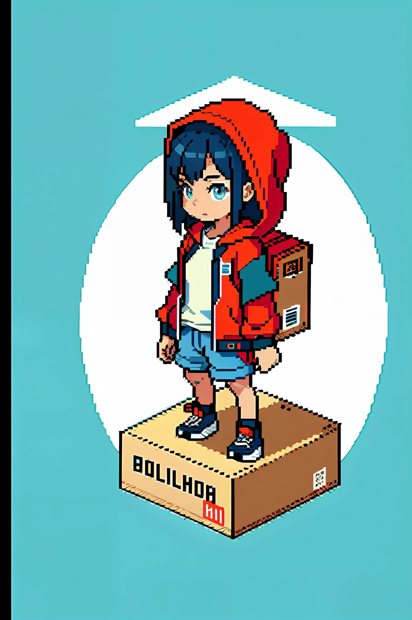 Delibery girl, packing boxes, box, box backpack, jeans, red hoodie, (box clothes), (masterpiece, top quality, best quality), pixel,pixel art,1girl,full body,