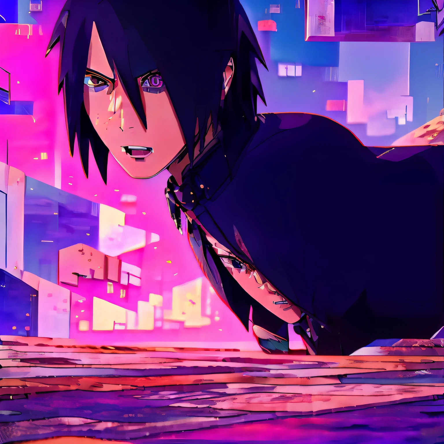 sasuke cyberpunk, well detailed, epic angle, cinematic