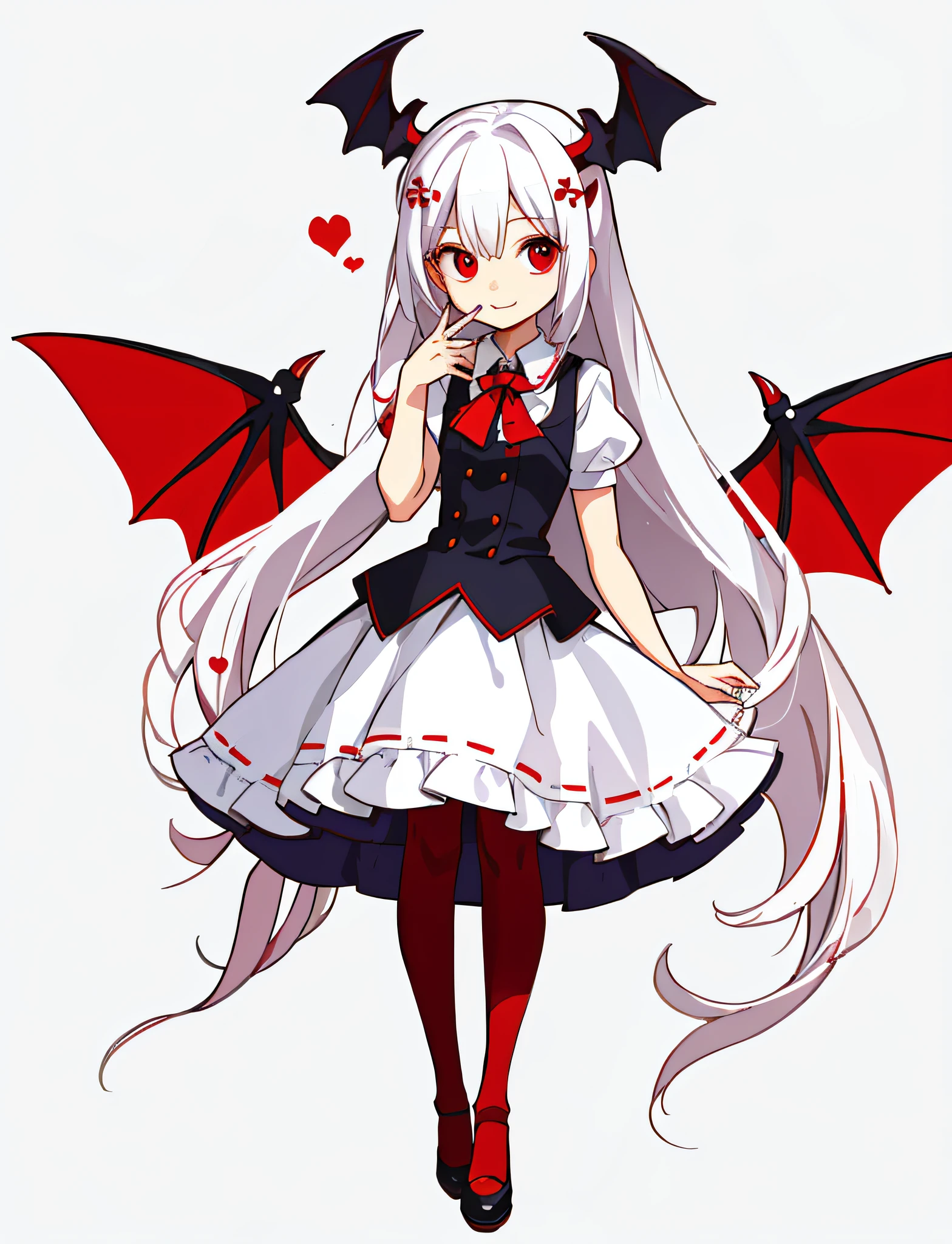 masterpiece, best quality, ultra-detailed, absurdres, colorful, 1girl, solo, red eyes, white hair, long hair, hair over one eye, detailed eyes, wide-eyed, eyelashes, looking at viewer, full body, demon horns chibi, bat wings, gradient background, dress, hand up, demon tail, particles, kawaii, spoken heart, (red theme:0.7), hair clips