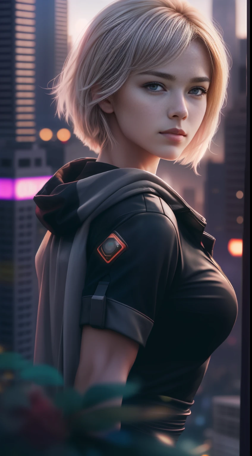Dystopian, High Detail RAW color Photo, Full Shot, (cute female), standing on an overlook, looking out at sprawling cyberpunk city skyline, perfect face, (highly detailed, fine details, intricate), (lens flare:0. 5), (bloom:0. 5), raytracing, specular lighting, shallow depth of field, 200mm lens, hard focus, smooth, cinematic film still