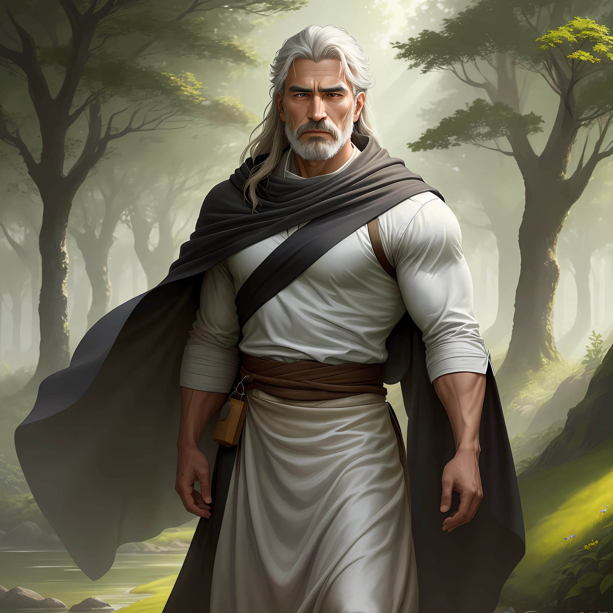 In the image, we see Job in a natural environment, on the edge of a serene, wooded stream. He is standing, with an upright and majestic posture. His appearance is that of a mature man, with long hair and a well-groomed beard, dark in color. His eyes are deep and expressive, with a calm and penetrating gaze that reflects his wisdom and inner serenity.
Job's skin is a tanned, healthy, radiant hue. His face, which displays soft lines of experience and wisdom, emanates a serene expression, with balanced facial features. He possesses a strong and vigorous physical appearance, with defined muscles but no exaggeration, demonstrating a life of hard work and honor.
Dressed in simple but impeccably clean and well-groomed clothing, Job wears a tunic of fine fabric, with earthy tones that harmonize with the environment around him. Over his shoulders, he wears a soft wool cloak, the folds of which fall gracefully, adding a touch of elegance to his figure.
The details of the nature around Job are remarkable. The lush green grass, lightly swayed by the gentle breeze, forms a perfect carpet at your feet. Tall, leafy trees surround the scenery, its leaves dancing to the rhythm of nature. Colorful flowers in various shades adorn the nearby fields, adding life and liveliness to the scene.
The sunlight shines softly on Job, highlighting his facial features and bringing a subtle glint to his eyes. The lighting also creates a play of shadows, highlighting the texture of the fabrics of your clothes and the seriousness of the environment around you.
This image of Job in his initial state reflects his uprightness and serenity before the afflictions he faced. Through his dignified posture and deep gaze, he conveys a sense of integrity and inner strength that make him one