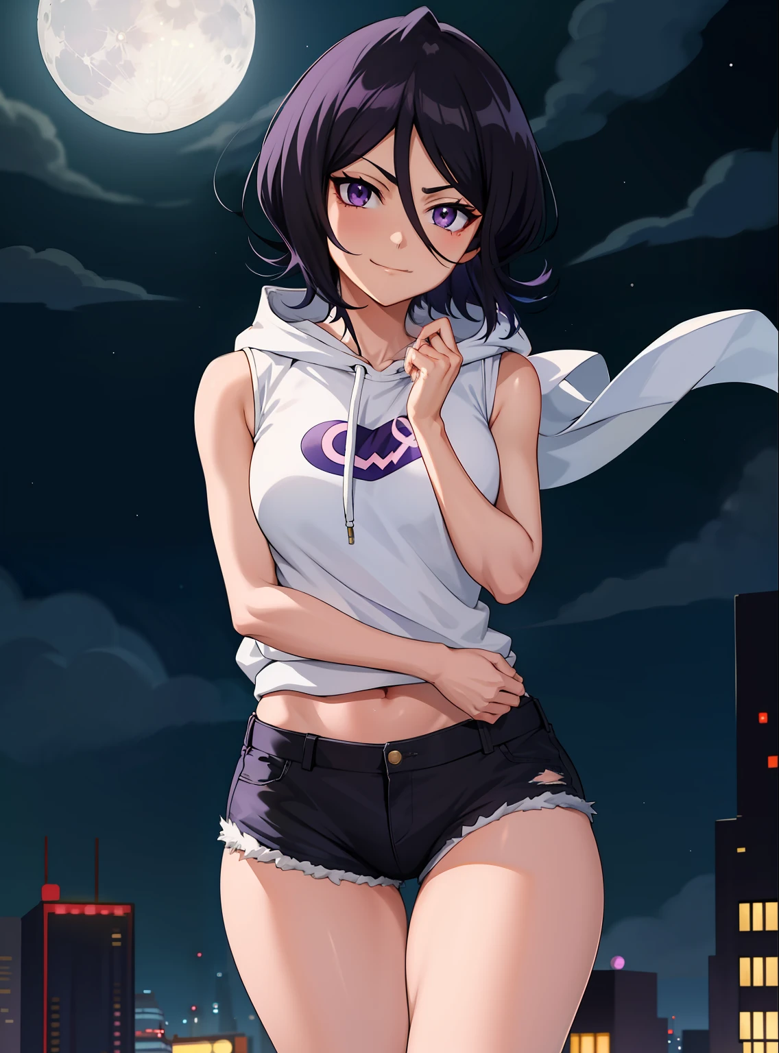 anime screencap, night city, moon, 1girl, solo, short hair, black hair, purple eyes, looking at the viewer, hair between eyes, front, cowboy shot, closed mouth, smirk, sweatshirt, sleeveless, shorts, groin, squats, legs apart, bare legs, chubby legs, big ass,