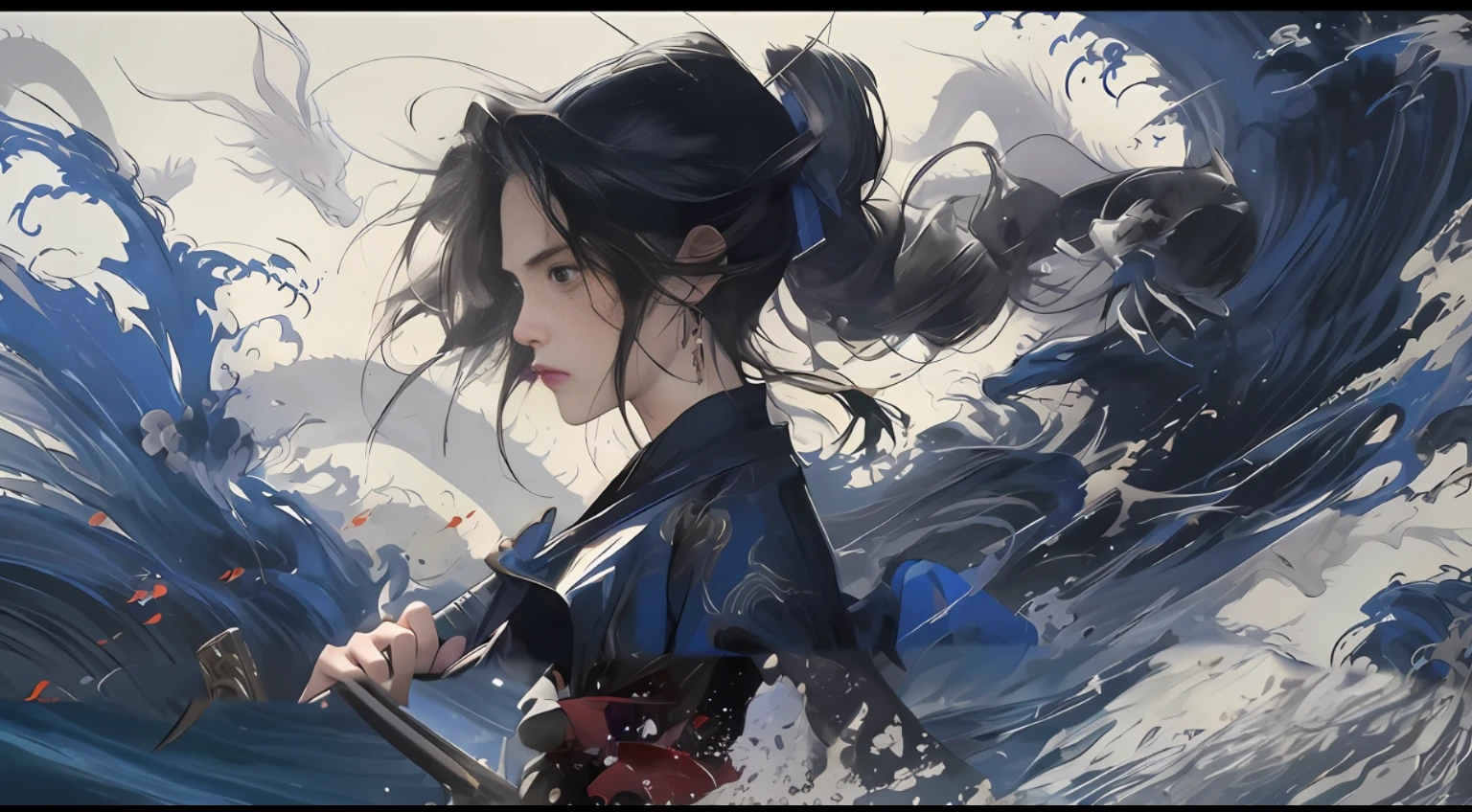 anime girl with sword in front of a painting of a wave, by Yang J, trending on cgstation, guweiz, by Ye Xin, by Li Song, artwork in the style of guweiz, 中 元 节, beautiful character painting, by Li Fangying, by Qu Leilei, trending at cgstation