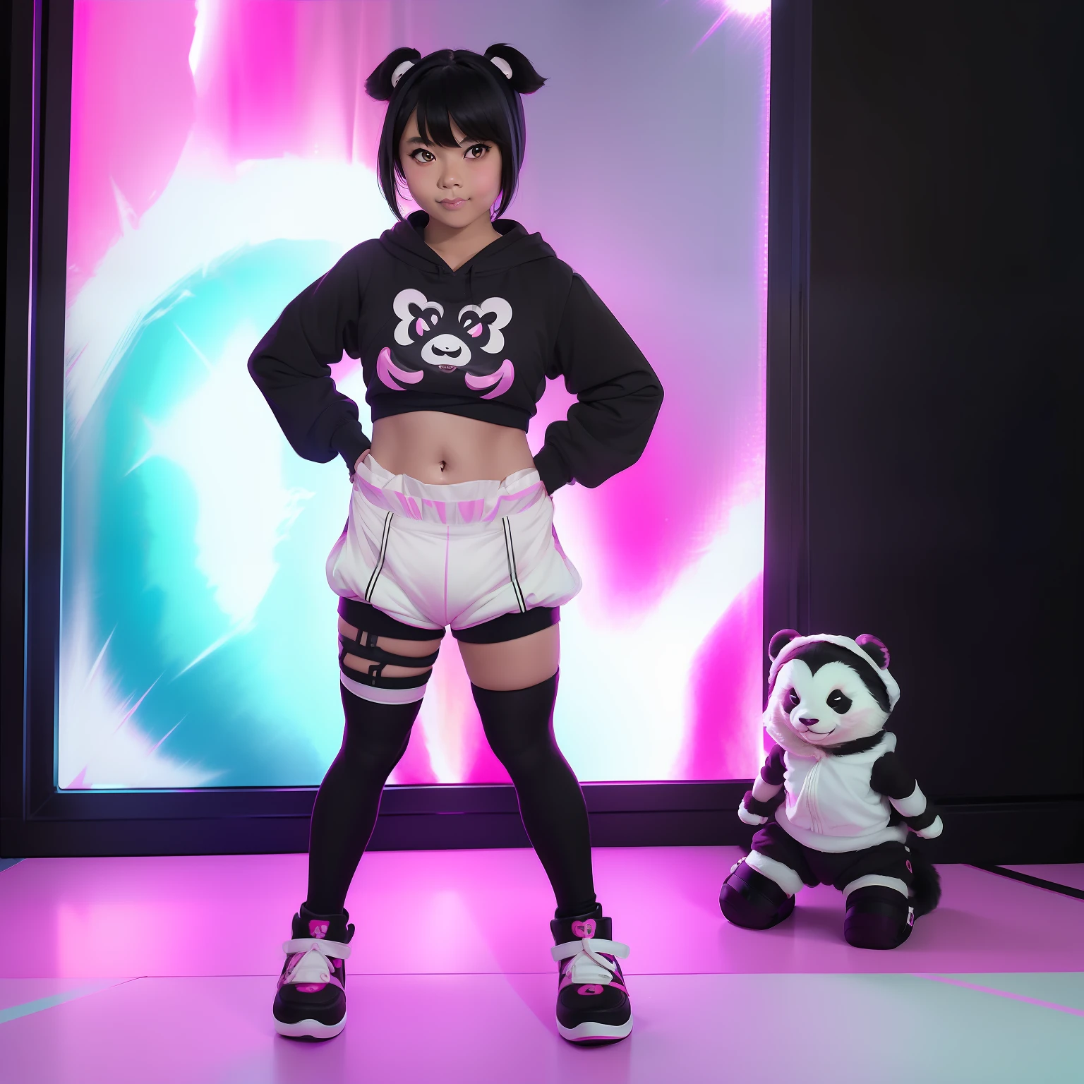 (aesthetic, high quality, ultra detailed CG), a blushing Asian girl, cute, short black hair, big cute eyes, "black and white panda theme hoodie", wearing a diaper, black thigh high socks and mary jane shoes, a full body portrait, standing up pose, casual dynamic pose, high key lighting, pastel colors, anime-style, light green bright background.