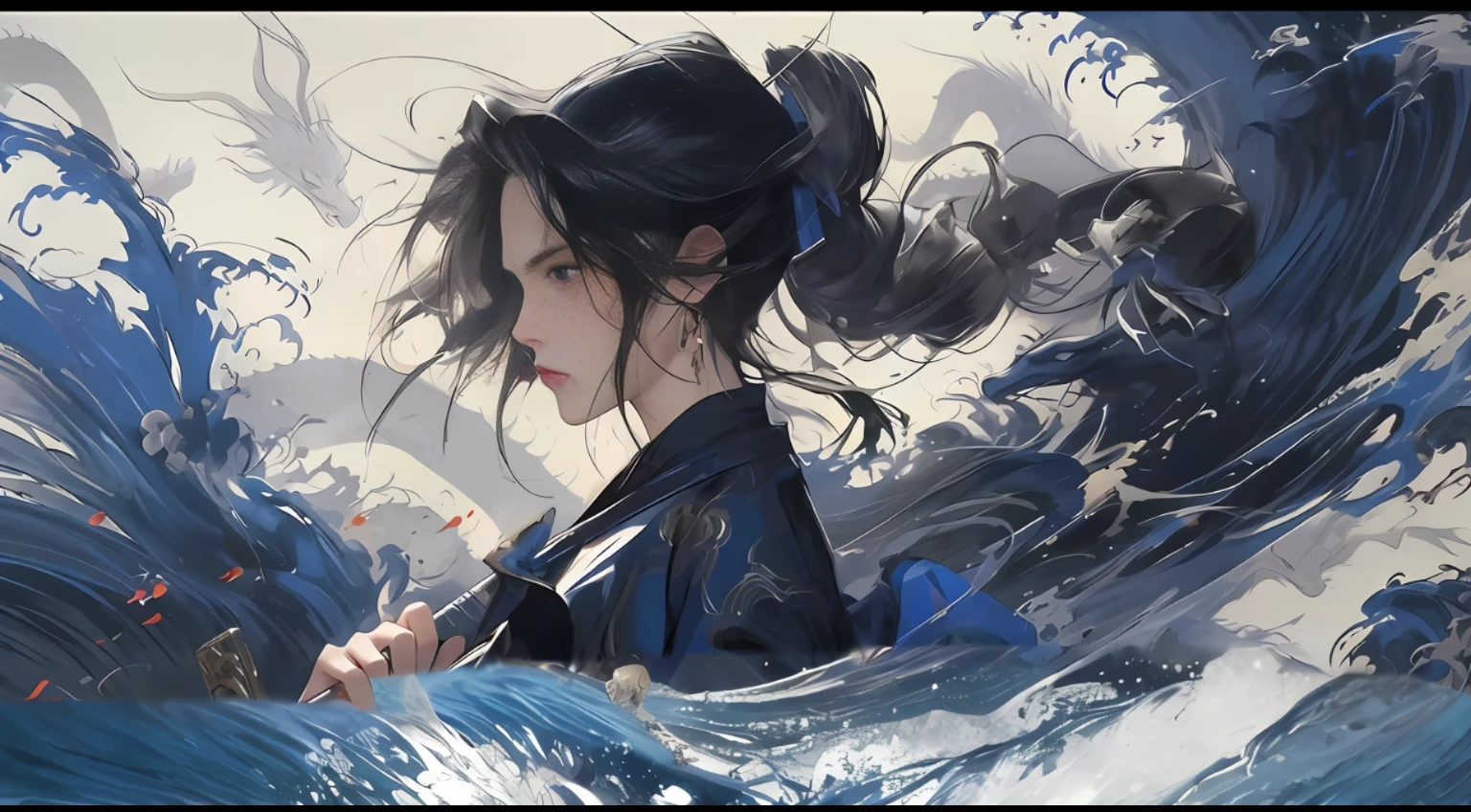 anime girl with sword in front of a painting of a wave, by Yang J, trending on cgstation, guweiz, by Ye Xin, by Li Song, artwork in the style of guweiz, 中 元 节, beautiful character painting, by Li Fangying, by Qu Leilei, trending at cgstation