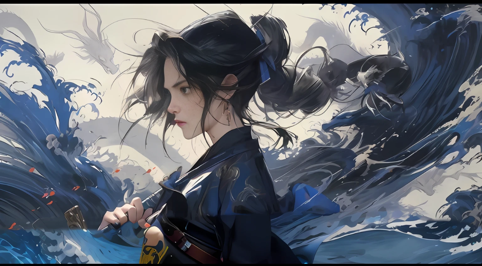 anime girl with sword in front of a painting of a wave, by Yang J, trending on cgstation, guweiz, by Ye Xin, by Li Song, artwork in the style of guweiz, 中 元 节, beautiful character painting, by Li Fangying, by Qu Leilei, trending at cgstation