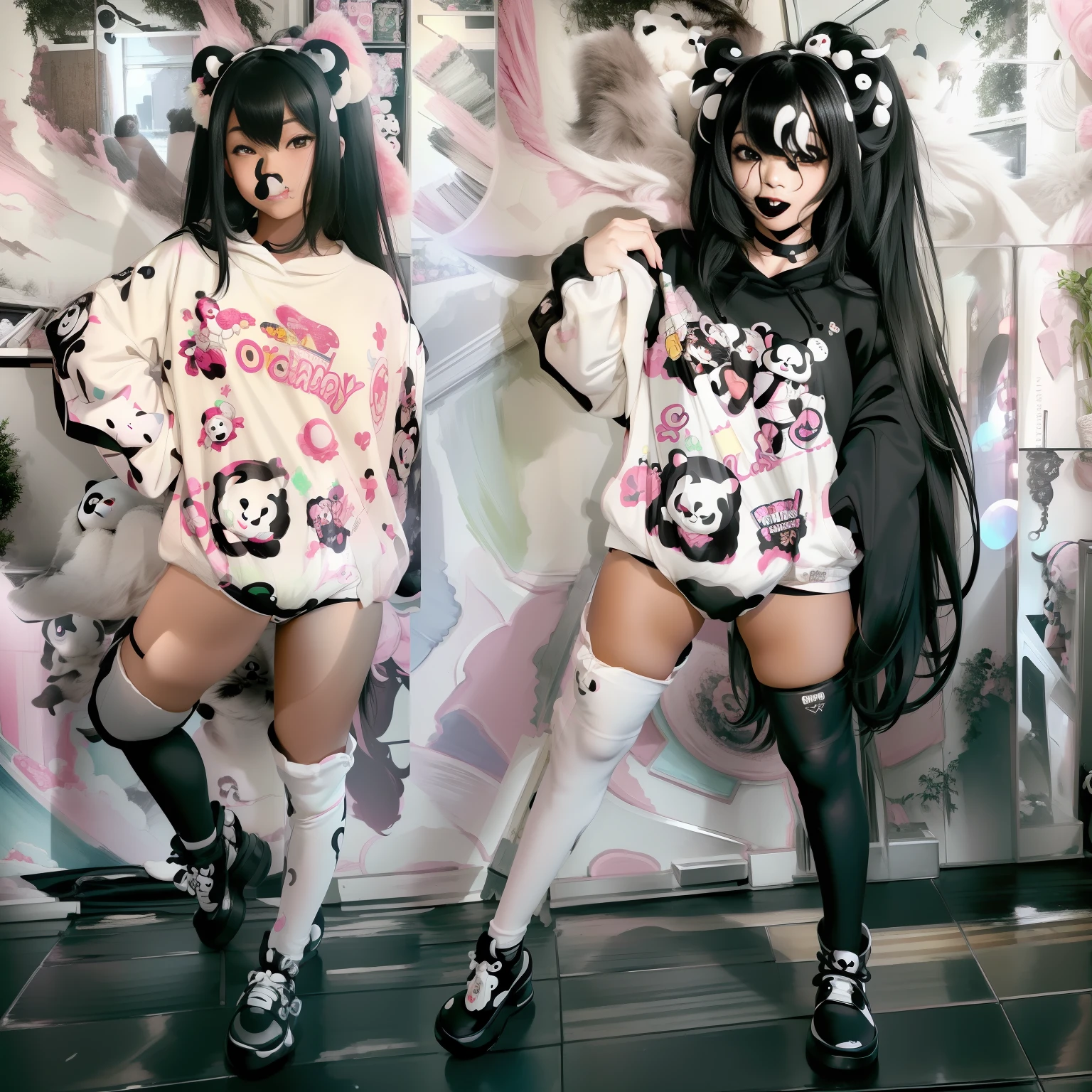 (aesthetic, high quality, ultra detailed CG), a blushing Asian girl, cute, short black hair, big cute eyes, "black and white panda theme hoodie", wearing a diaper, black thigh high socks and mary jane shoes, a full body portrait, standing up pose, casual dynamic pose, high key lighting, pastel colors, anime-style, light green bright background.