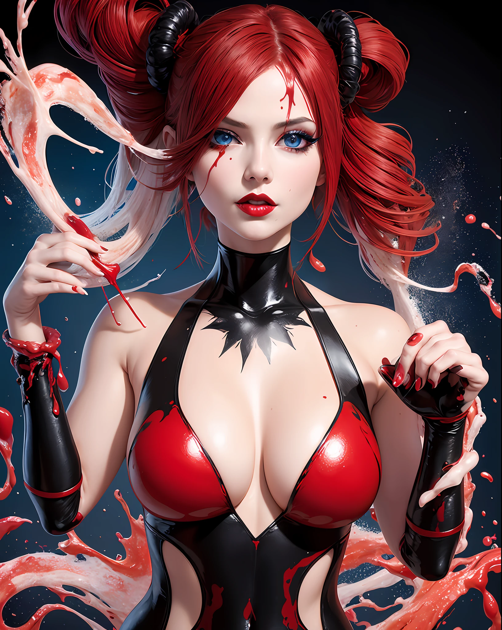 A beautiful woman with painted body, painted breasts, red and black liquid, paint falling on her body, viscous liquid, studio smoke, resolving to the bento, big chest, sharp and bright striking blue eyes, sexy, sensual, portrait style. Infinite black minimalist photographic studio background