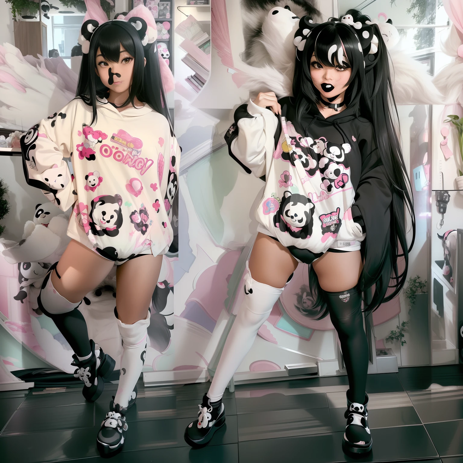 (aesthetic, high quality, ultra detailed CG), a blushing Asian girl, cute, short black hair, big cute eyes, "black and white panda theme hoodie", wearing a diaper, black thigh high socks and mary jane shoes, a full body portrait, standing up pose, casual dynamic pose, high key lighting, pastel colors, anime-style, light green bright background.