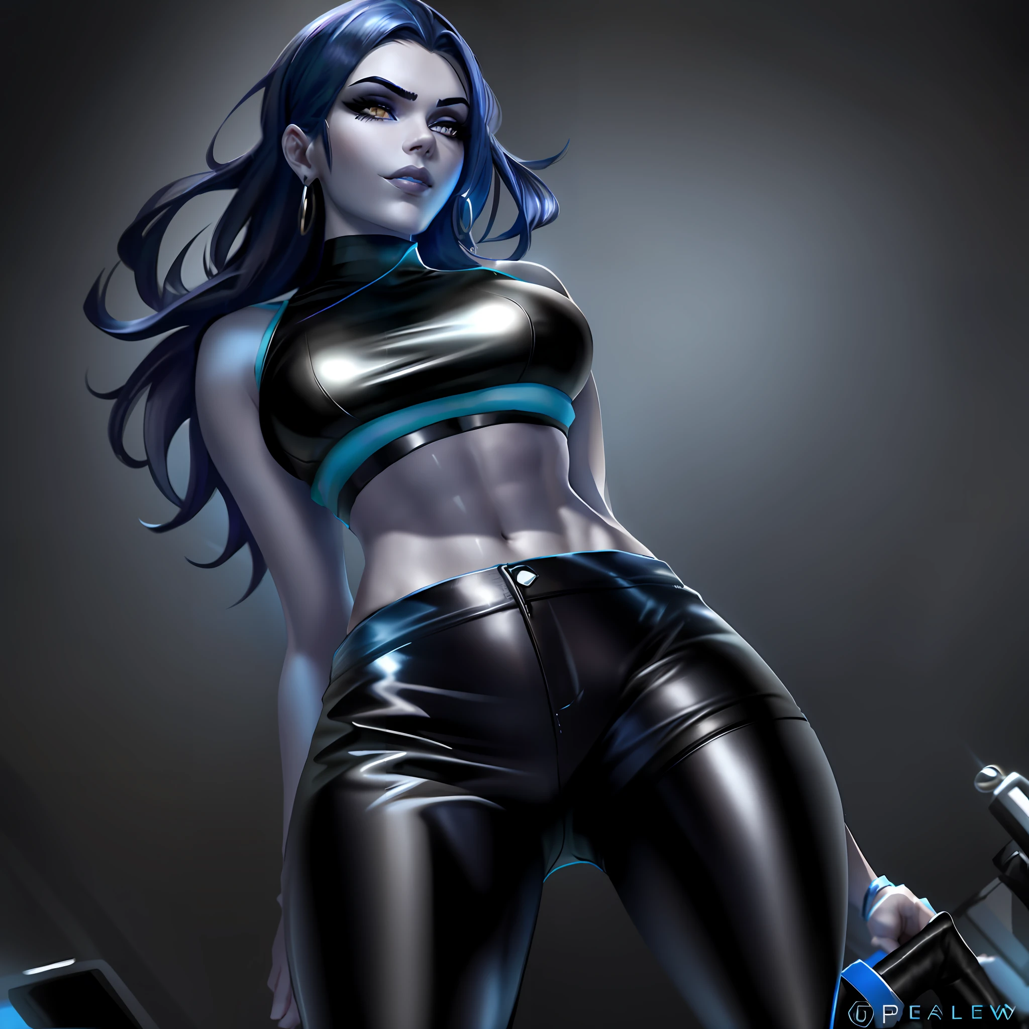 Widiwmaker in black leather pants and a blue top, glamorous, commission for high res, style artgerm, drawn in the style of artgerm, in the style artgerm