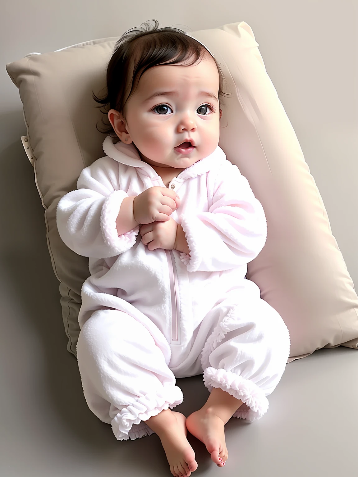 1 month old baby with fluffy jumpsuit, linen jumpsuit, female baby, white, pink cheeks, hairy