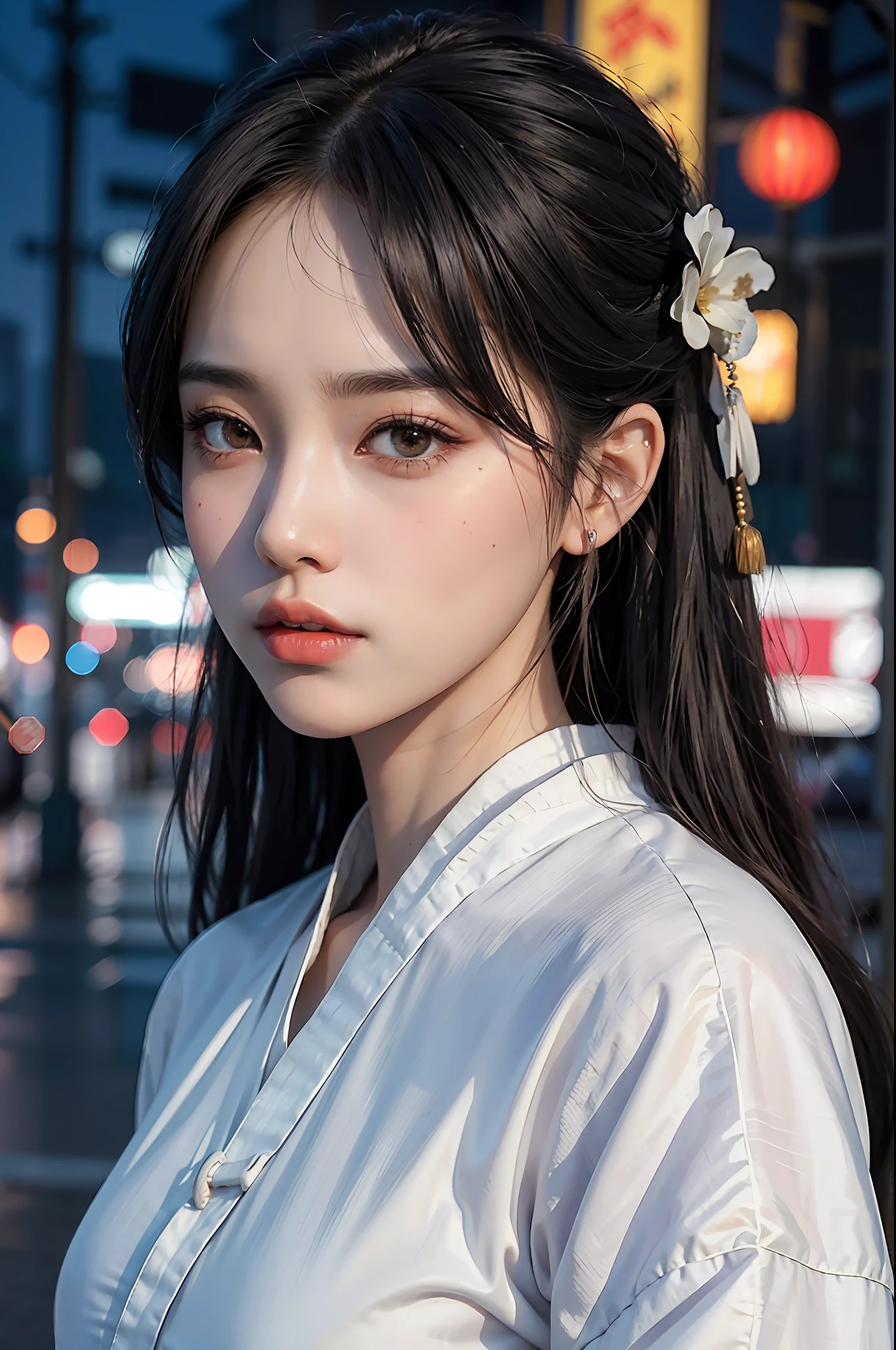 best quality, ultra high res, (photorealistic:1.2), 1woman, makeup,realistic,lips, (black hair:1), (hanfu:1.2),ouqun,looking at viewer, facing front,((close up portrait)), (standing),Street view, city night view, neon.