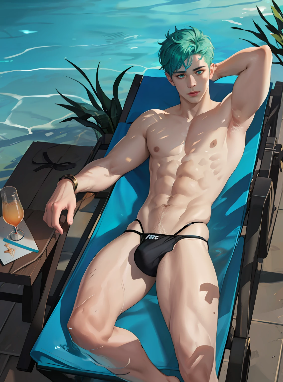 1boy, ((bara:1.5)), sport body, sexy, lying on a sun lounger, detailed face, detailed hands, detailed legs, detailed fingers, detailed hair, detailed eyes, detailed skin, dynamic lighting, (detailed lighting:1.2), (detailed textures:1.3), (realistic lighting:1.2), realistic shadows, realistic skin, (photorealistic:1.4), 8k uhd, (hyper realistic), (photo realistic), (masterpiece), (best quality), small thong, bare chest, flat chest, bare shoulders, bulge, underwater, wide angle, swimming, athletic body, male, iridescent skin, perfect eyes, messy green hair , bio-luminescent
