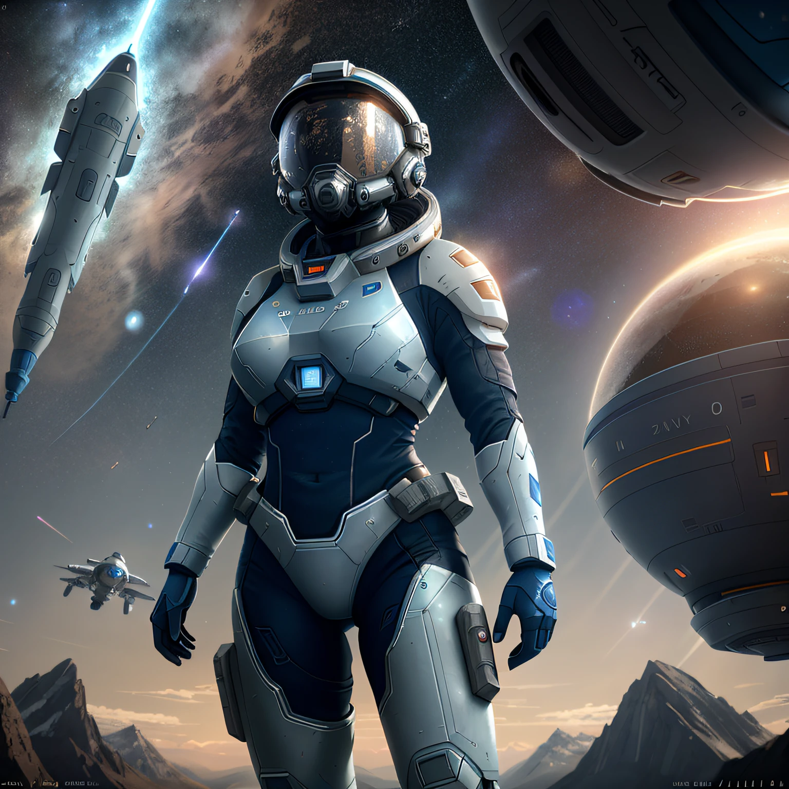 Very detailed RAW color photo, aerial view, full body, (female astronaut in a blue and white spacesuit, futuristic helmet, mask, respirator), female astronaut suspended in the air, sky, (science fiction), mountains (two satellites), sky: 0.8), (very detailed, complex), (lens flare), (very detailed, ultra-detailed, complex), (very detailed, ultra-detailed, complex), (Halo: 0.7), particle effects, ray tracking, movie lighting, Sony, deep view lens on a9 II, 24mm wide-angle lens, sharp focus, movie stills
