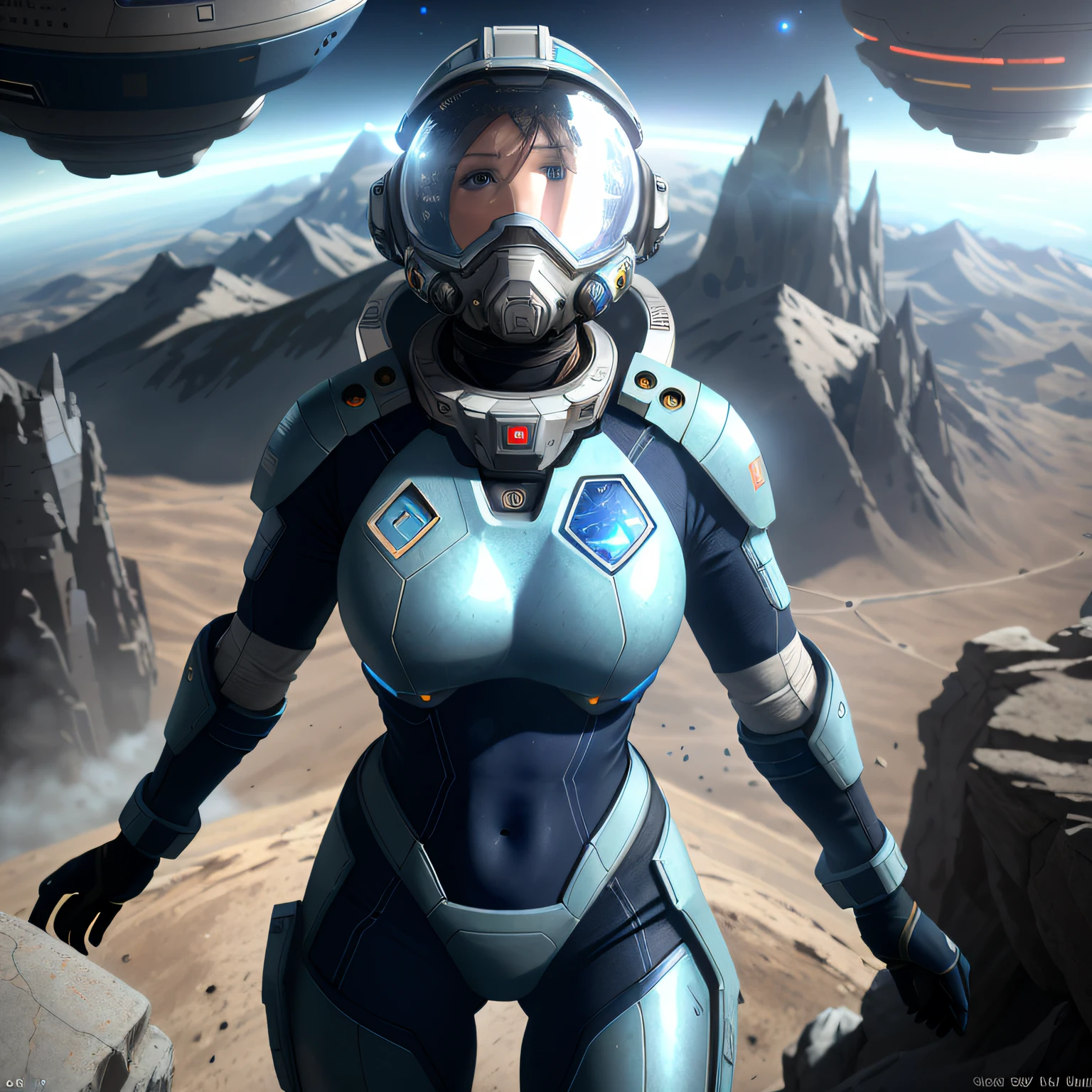 Very detailed RAW color photo, aerial view, full body, (female astronaut in a blue and white spacesuit, futuristic helmet, mask, respirator), female astronaut suspended in the air, sky, (science fiction), mountains (two satellites), sky: 0.8), (very detailed, complex), (lens flare), (very detailed, ultra-detailed, complex), (very detailed, ultra-detailed, complex), (Halo: 0.7), particle effects, ray tracking, movie lighting, Sony, deep view lens on a9 II, 24mm wide-angle lens, sharp focus, movie stills