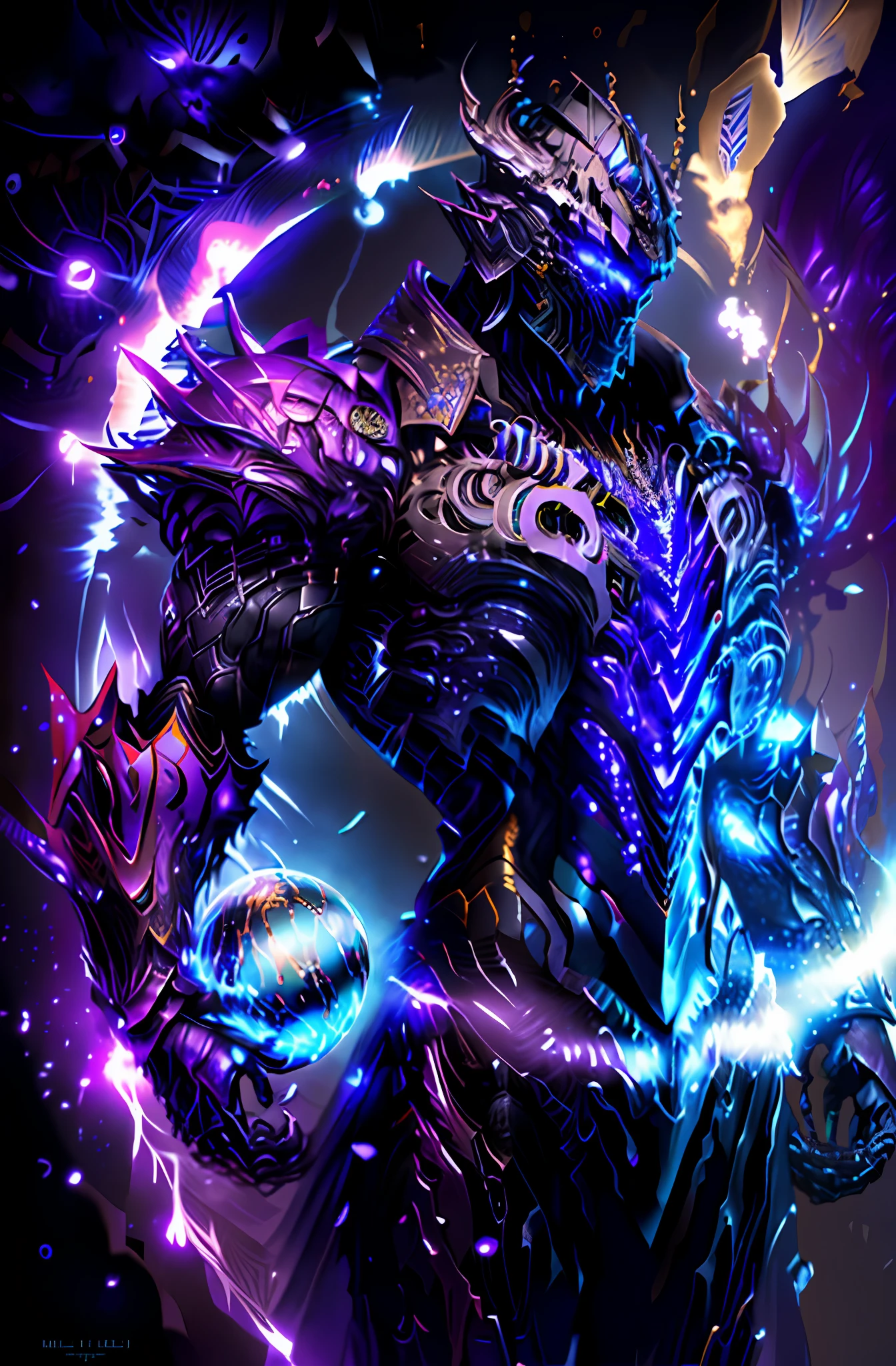 a dark skinned man with a glowing purple and blue halo holding a glowing ball, purple glowing core in armor, epic fantasy art style hd, epic fantasy art style, djinn man male demon, league of legends arcane, demon soul concept art, arcane league of legends, epic fantasy digital art style, male djinn man demon hybrid ، يلبس تاج محلق فوق رائسه مزيج من الأرجواني و الاسود و ازرق و احمر
