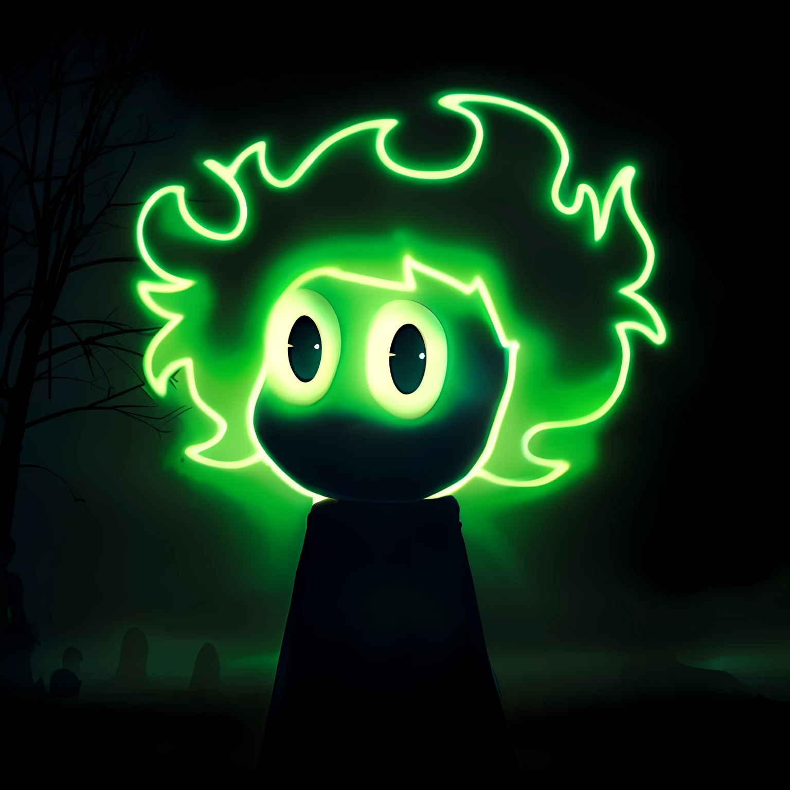 a close up of a person with a neon green light in their hair, glowing head, detailed glowing head, glowing guy creature, evil smile and glowing eyes, glowing in the dark, evil glow, ghost neon, with haunted eyes and curly hair, glowing black aura, green glows, adorable glowing creature, green glowing eyes, glowing green, glowing lens flare wraith girl