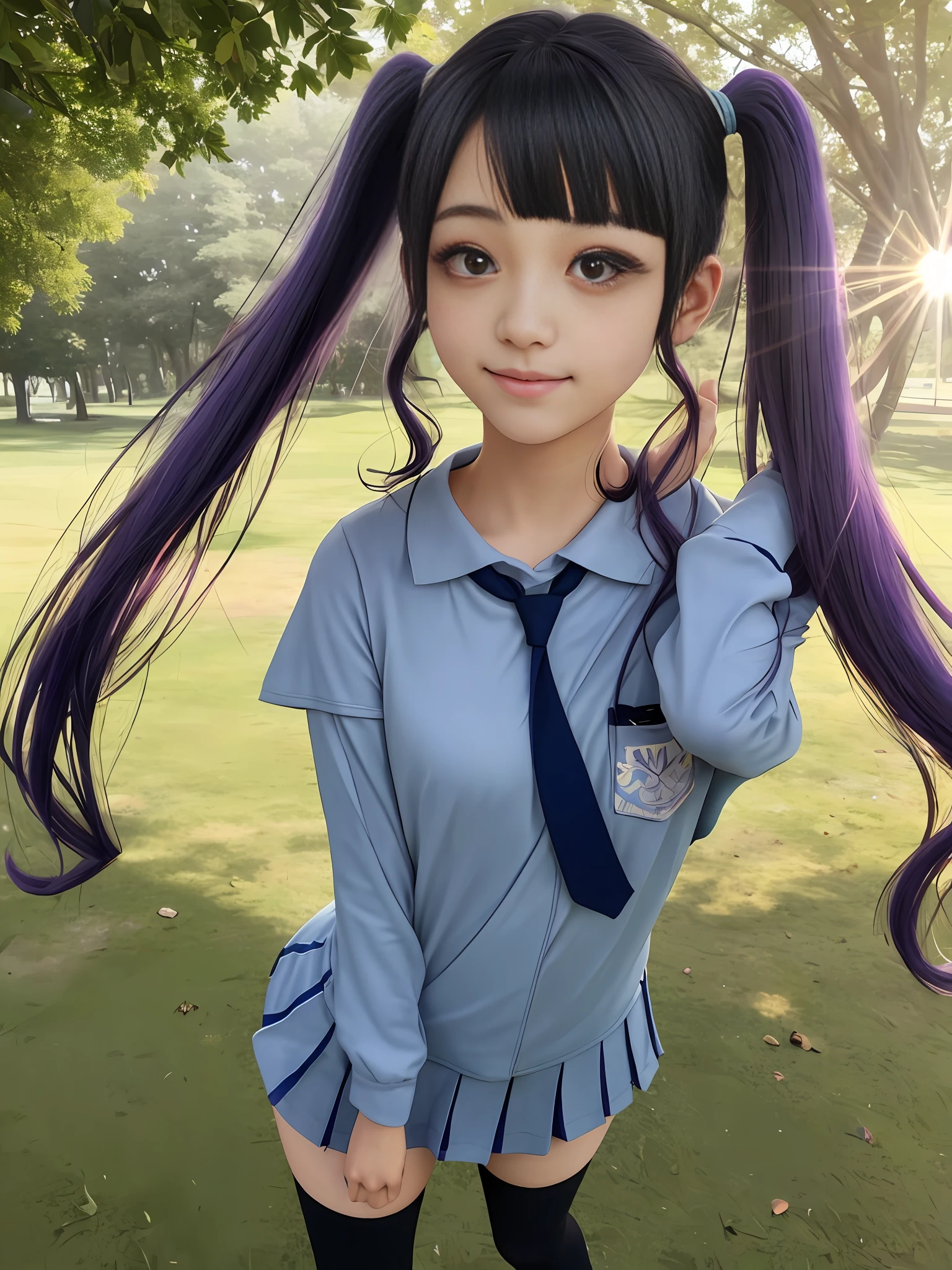 +++
purple eyes,
dark green hair,
short hair ,
afro twin tail,
drill hair ,
swept bangs,
sideburns ,
grin,
,
+++, kawaii petite minor 1girl eyeliner skindantation (a mole under the right eye) medium breasts (eyes visible through hair) +++, warm light sunset, rays light sparkles lens flare deep shadows, depth of field peerless scenery sentimental, school uniform, navy thighhighs