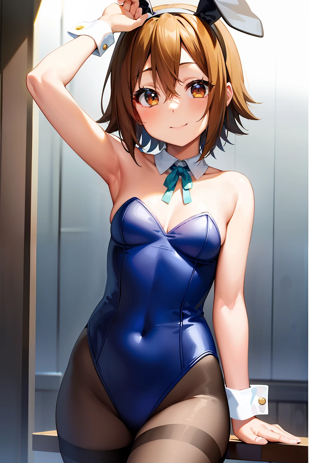 (masterpiece, best quality: 1.2), Solo, 1girl, Tainaka Ritsu, Smile, Mouth closed, Looking at the viewer, Hair ribbon, Blue collar ribbon, k-on, animal ears, arm up, brown eyes, medium hair, strapless leotard, playboy bunny,anime style