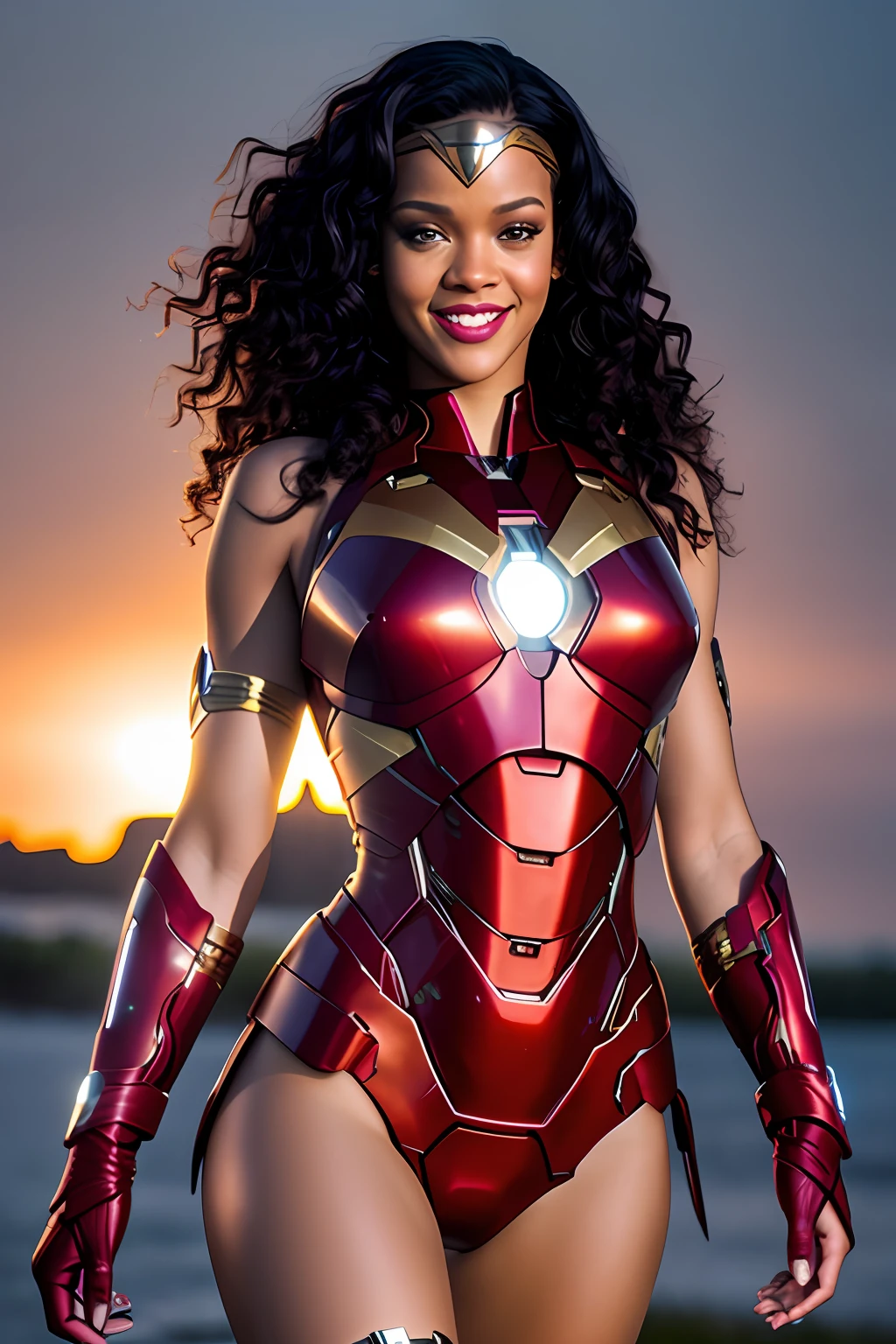 Sexy woman rihanna in iron man costume, night, soft lighting, dynamic angle, realistic lighting, smiling, happy, Wonder Woman movie scene background, photo by Brooke DiDonato, (natural skin texture, hyperrealism, soft light, sharp: 1.2), (complex details: 1.12), hdr masterpiece, best quality, (highly detailed photo: 1.1), 8k, photorealistic, (SFW),