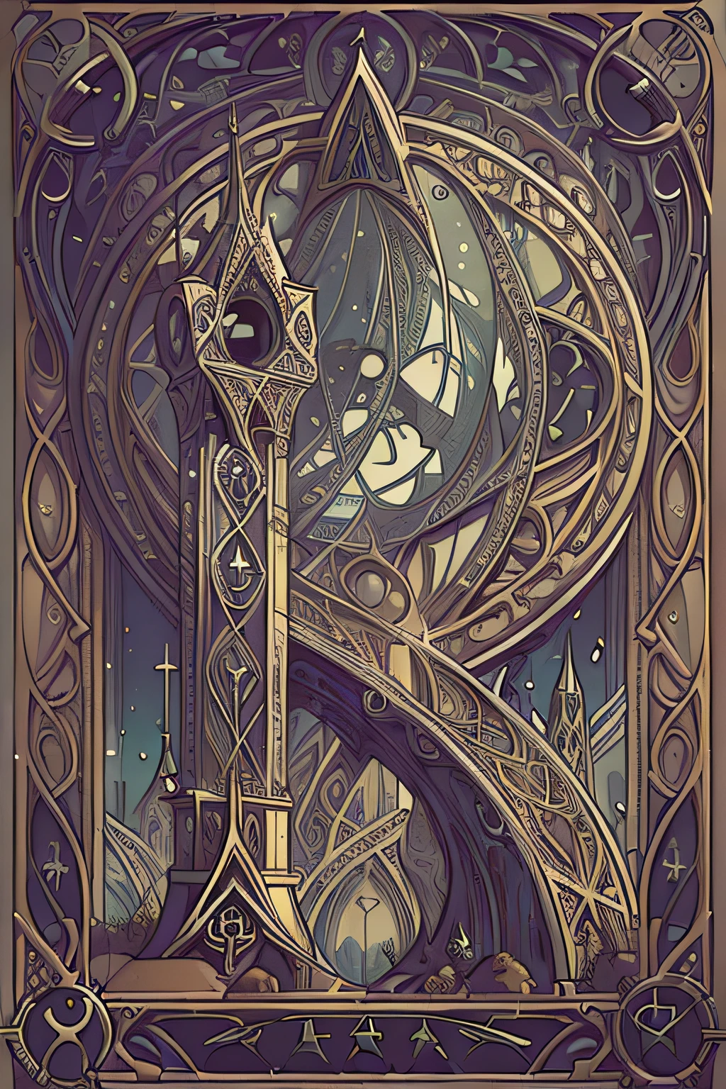 Flat, (best quality, masterpiece:1.3), abstract letter K, full tarot card, delicate border, linework, light particles, gothic, celtic, steampunk, Mucha style --auto --s2