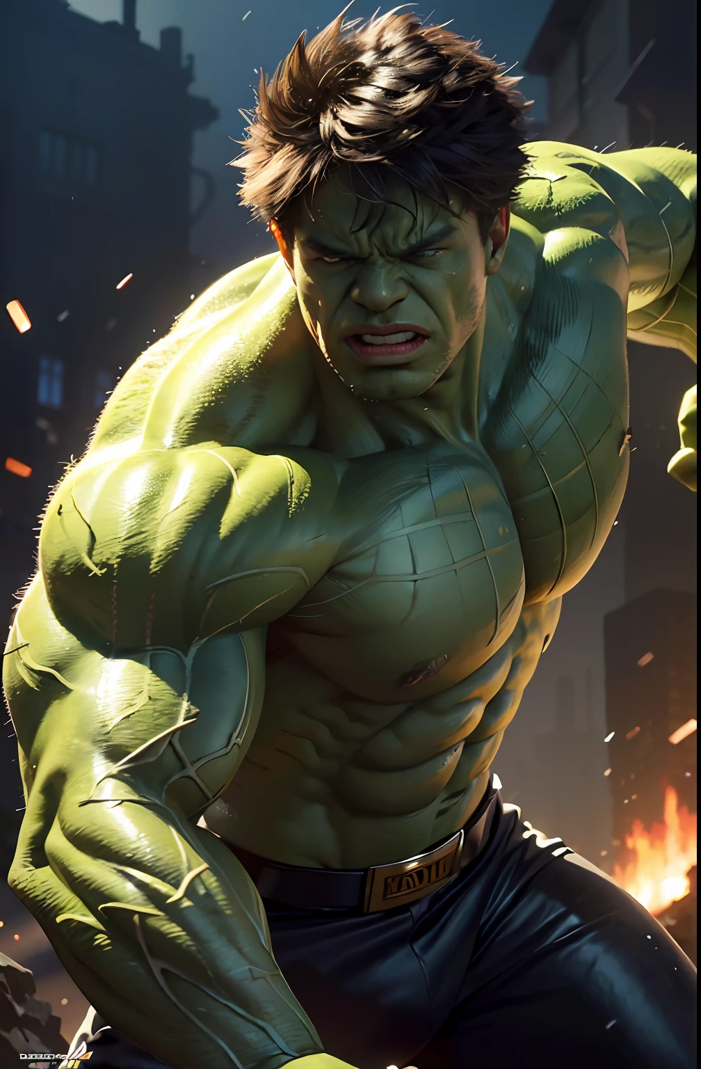 Hulk (Marvell), (Hyper Realistic), (Illustration), (High Resolution), (8K), (Extremely Detailed), (Best Illustration), (Beautiful Detailed Eyes), (Best Quality), (Super Detailed), (Masterpiece), (Wallpaper), (Detailed Face), Solo, (Dynamic Pose)