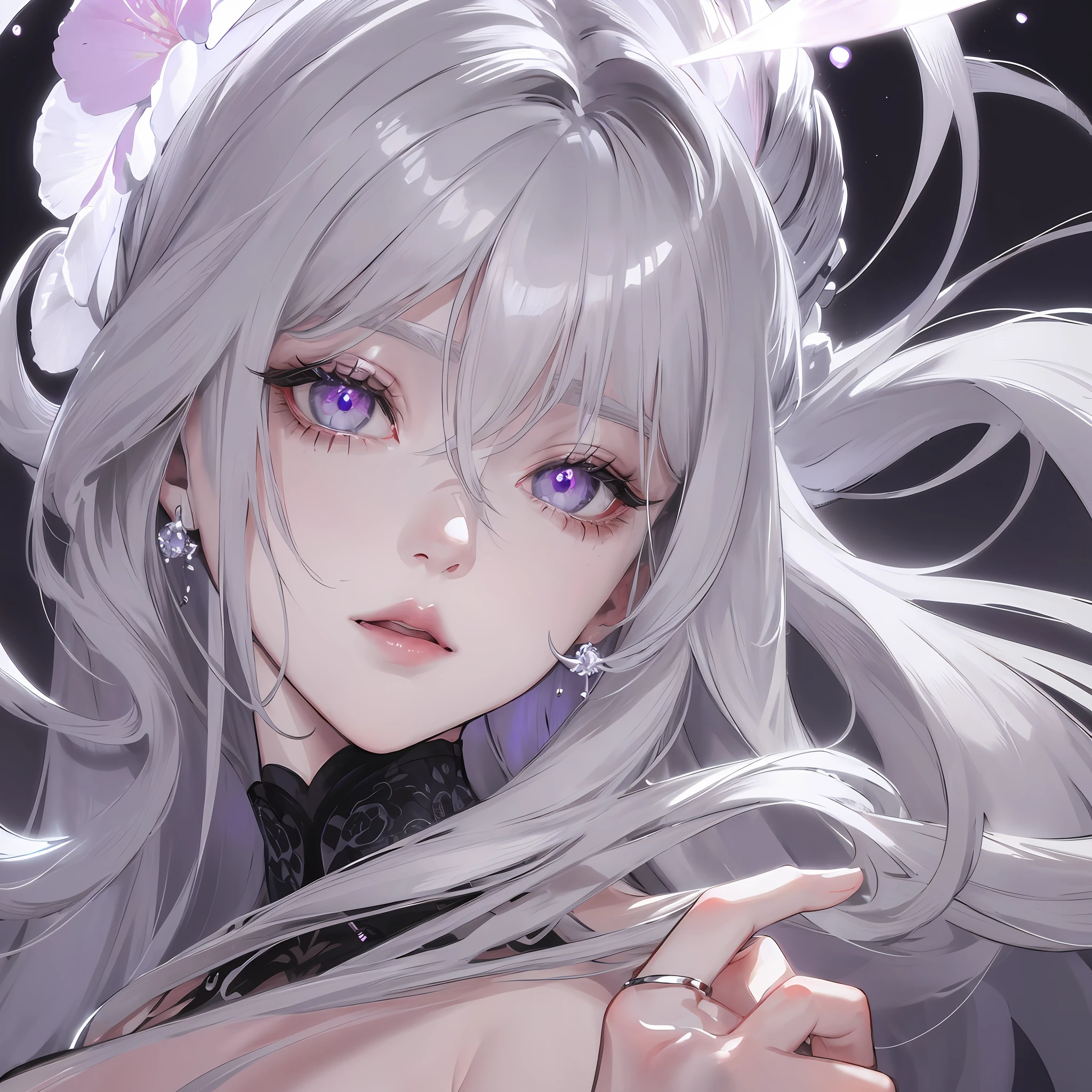Masterpiece: Superb Night Moon Full Moon 1 Female Mature Female Sister Royal Sister Cold Face Expressionless Silver-white Long-Haired Woman Light Pink Lips Calm and Intellectual Three Banded Gray Pupil Assassin Short Knife, Flower Ball Background, Hand Details, Finger Details, Facial Details, Eye Details,