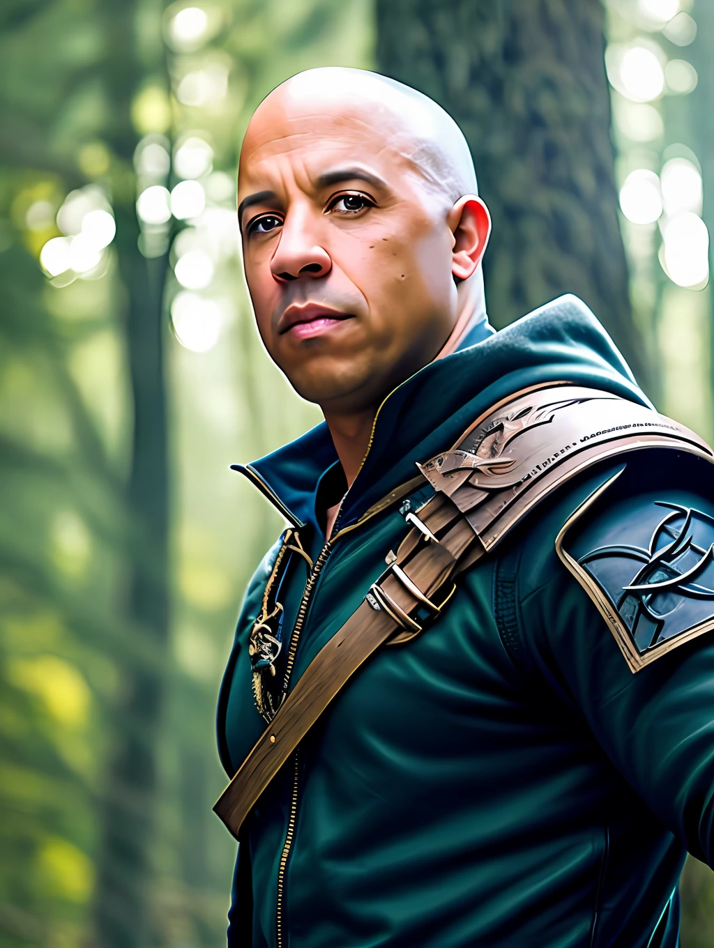 (Vin Diesel: 1.5) as Robin Hood, sherwood, druid runes, majestic forest, fantasy, cinematic lighting, spectacular lighting, relaxed facial expression, solo, shadows, depth of field at a distance, photorealistic, real life, deep blue sky, bright colors, glare reduction, saturated landscapes, complex details, close-up textures, macro landscapes, long exposures, silky sky, dreamy portraits, modern Sigma 150-600 mm lens 5-6.3 DG OS HSM, Daylight, Photo, RAW, UHD, UDR, 32K